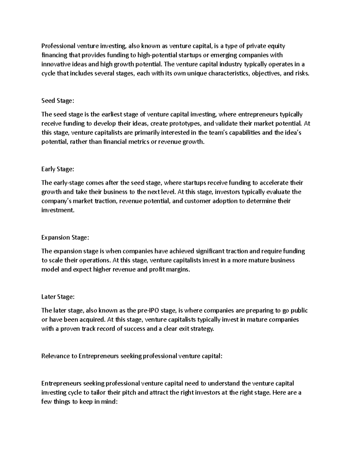 K16 - Notes explaining the professional venture investing cycle and its ...