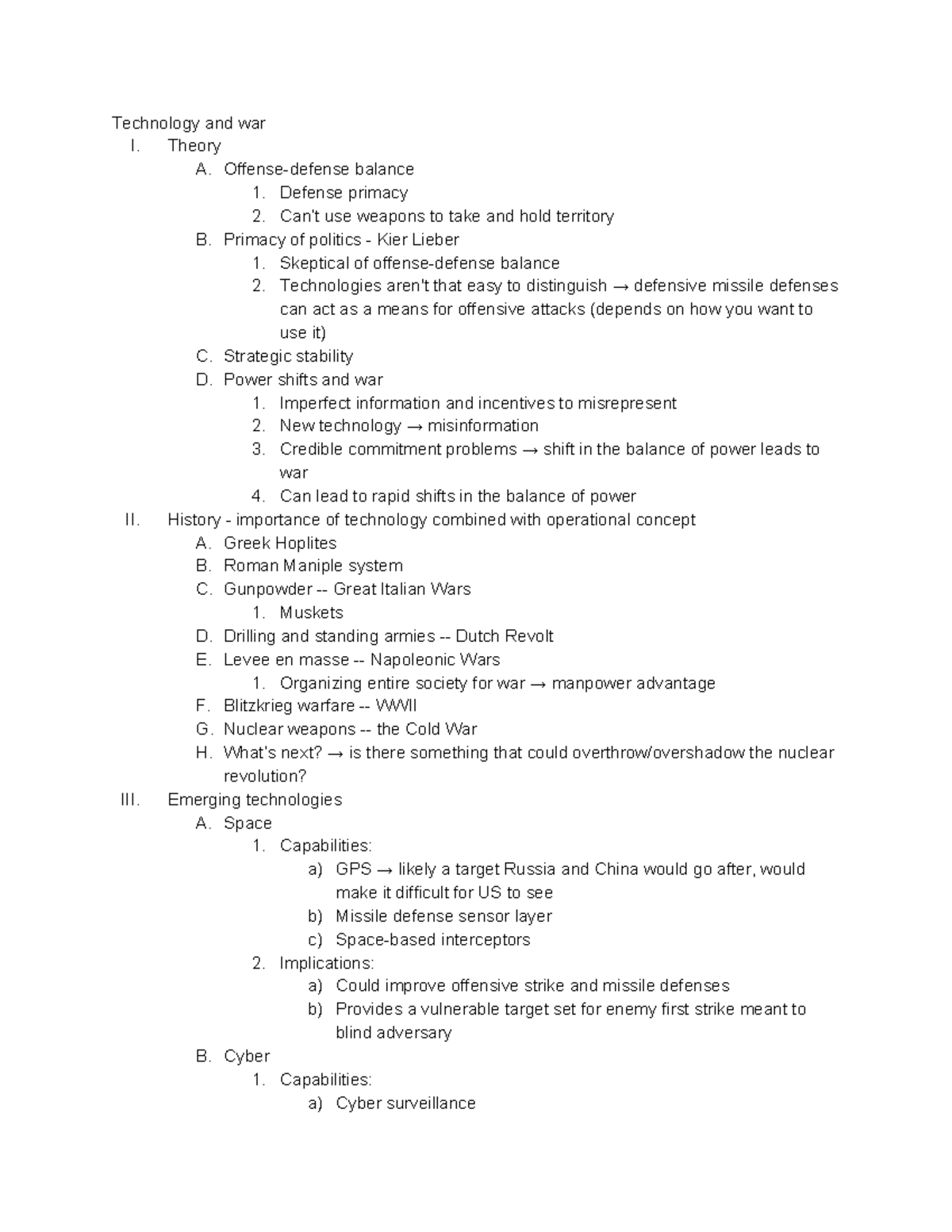 Notes 4 15 - New Technology - Technology and war I. Theory A. Offense ...