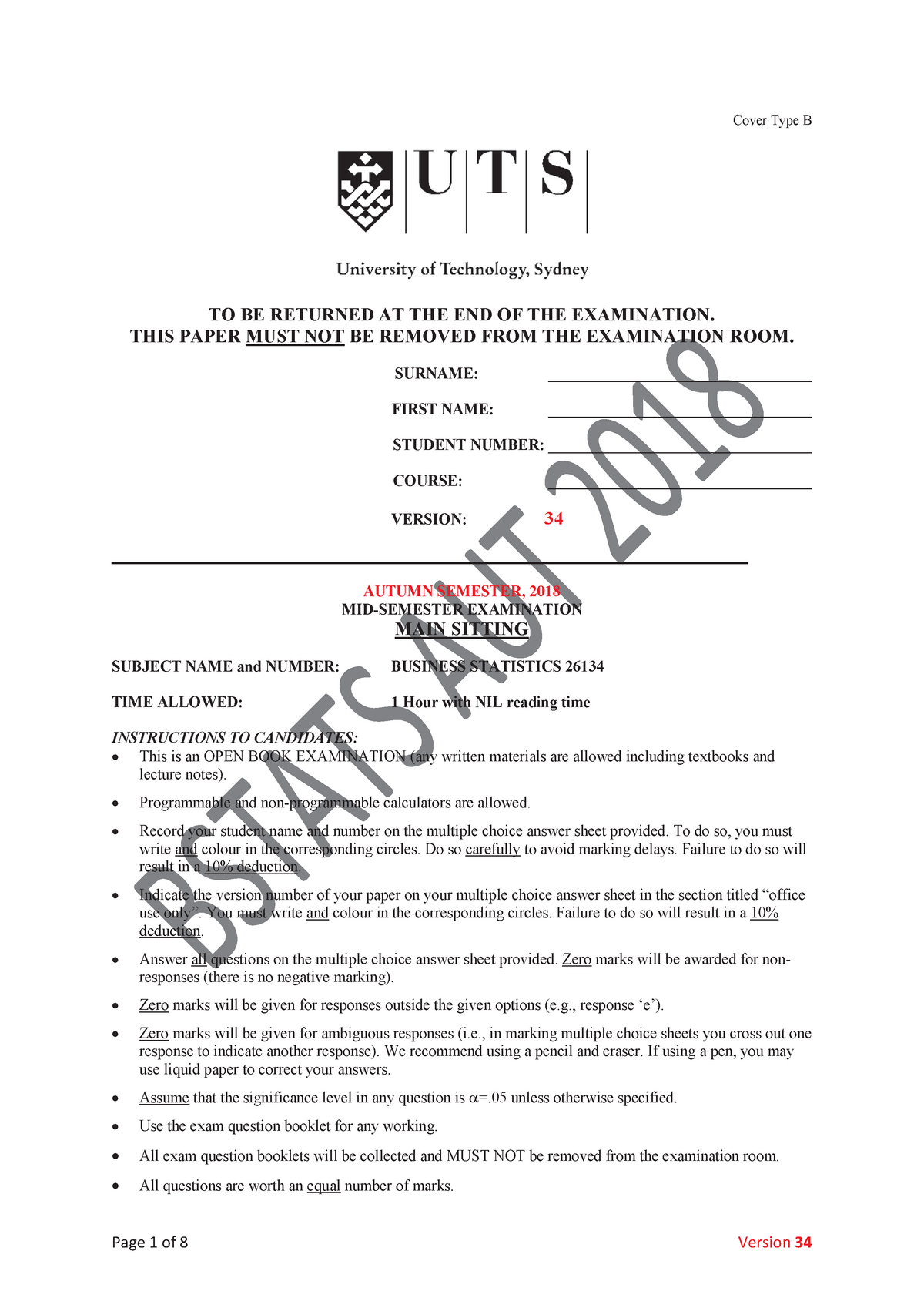 Mid Semester Practice Quiz - Cover Type B TO BE RETURNED AT THE END OF ...