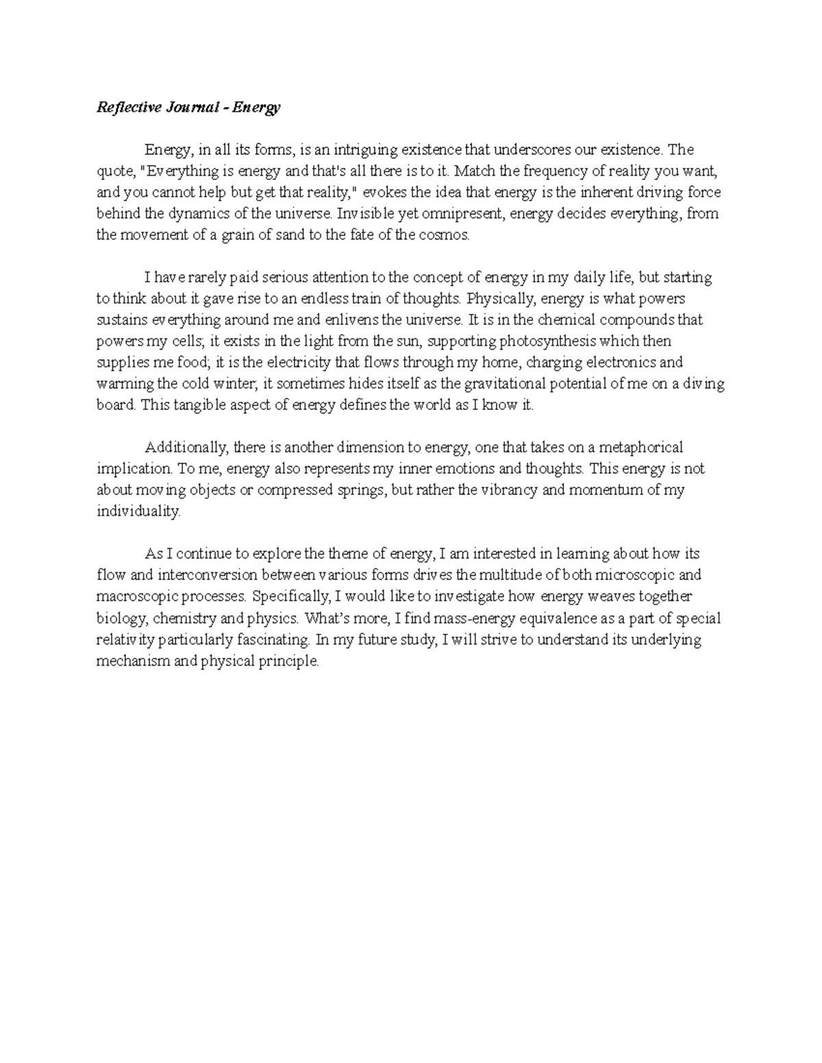 Energy Journal M1 Reflective Journal Energy Energy, in all its