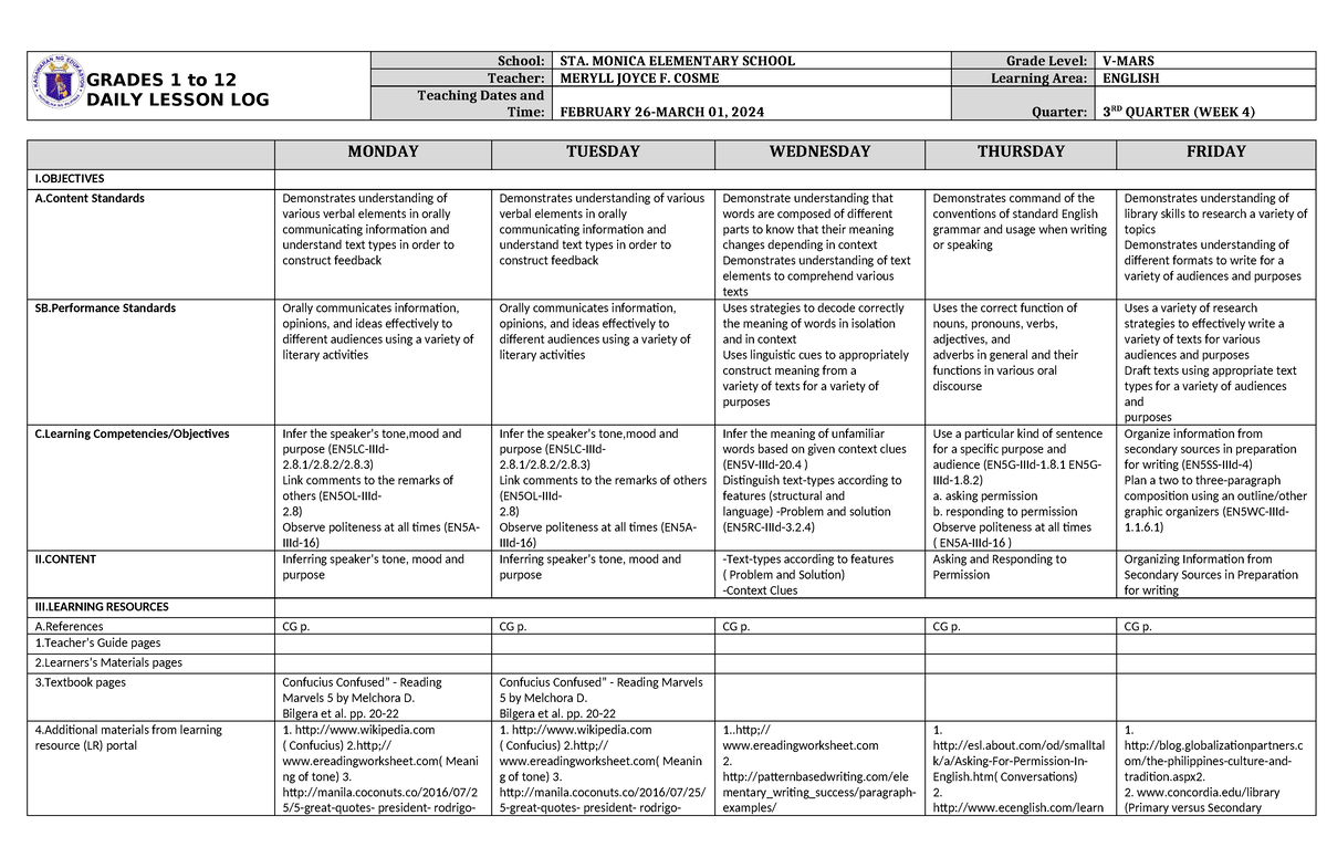 DLL English 5 Q3 W4 - DLL - GRADES 1 to 12 DAILY LESSON LOG School: STA ...