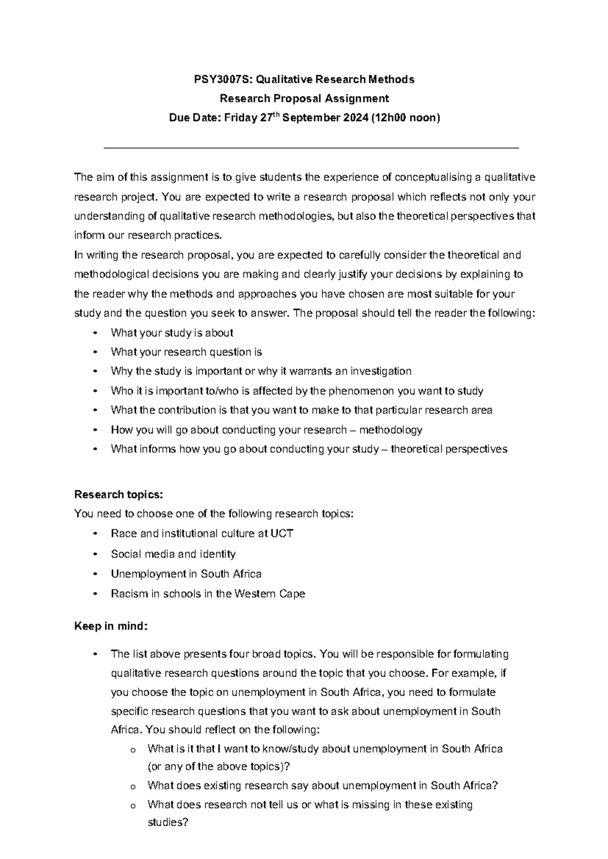 PSY3007S Qualitative Research Assignment 2024 - PSY3007S: Qualitative ...