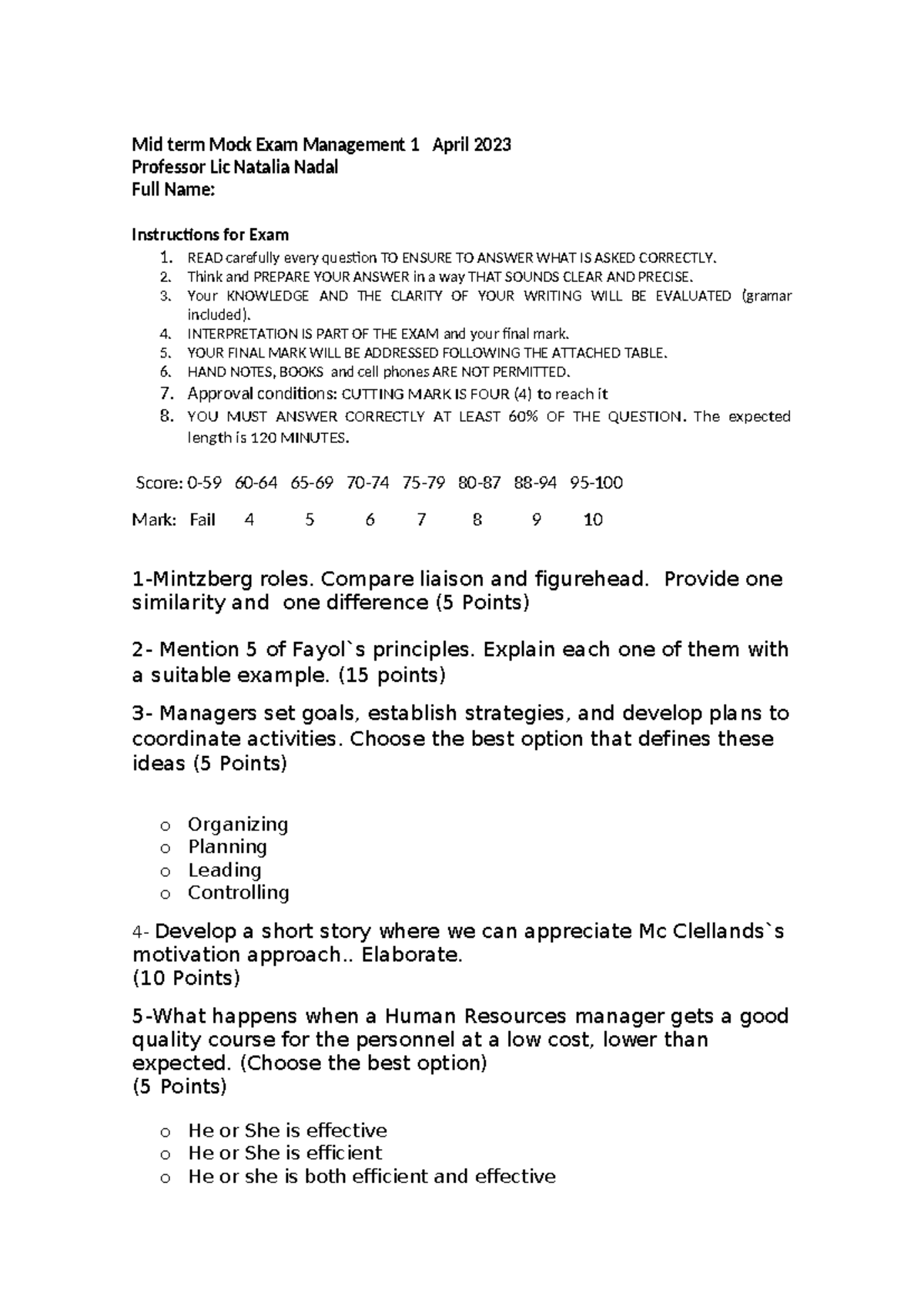 Mock First Mid-term Exam - Mid term Mock Exam Management 1 April 2023 ...