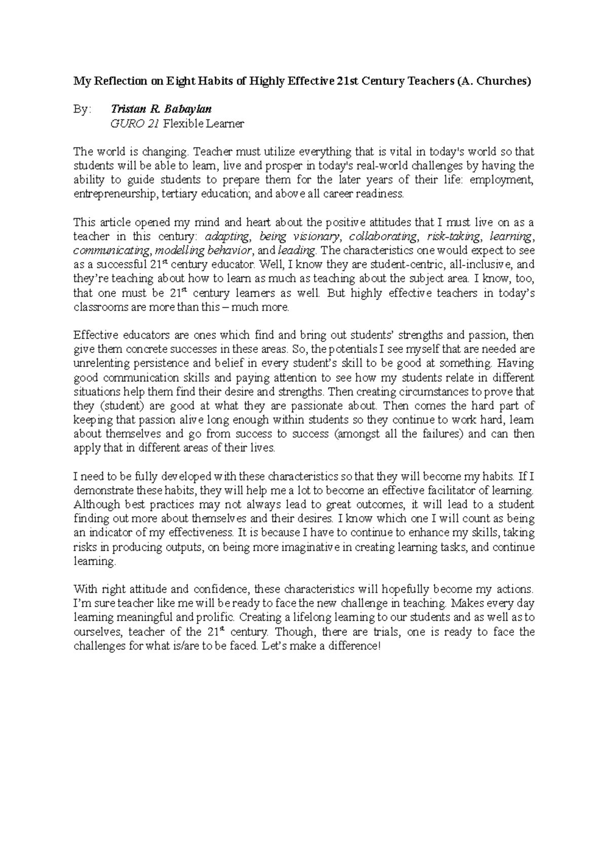 Eight Habits of Highly Effective 21st Century Teachers of A. Churches ...