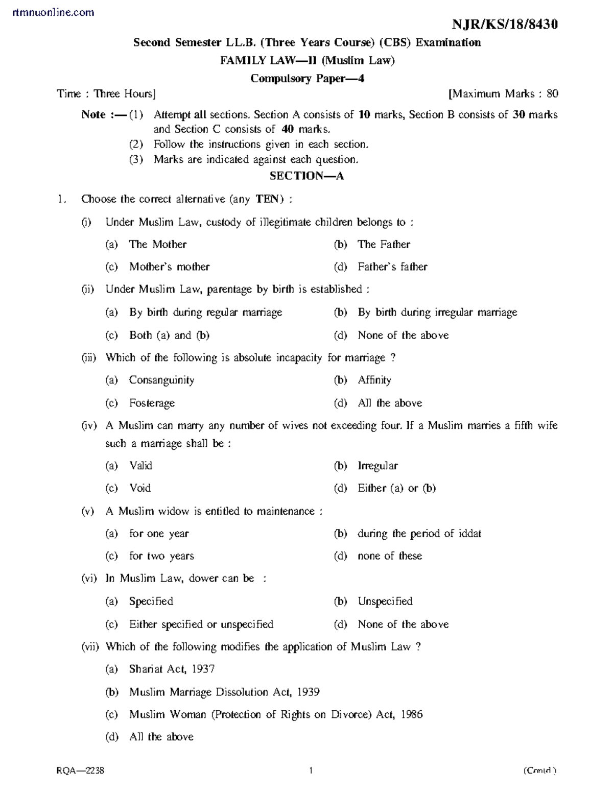 Llb 2 Sem Family Law 2 (muslim Law) Paper 4 Summer 2018 - NJR/KS/18 ...