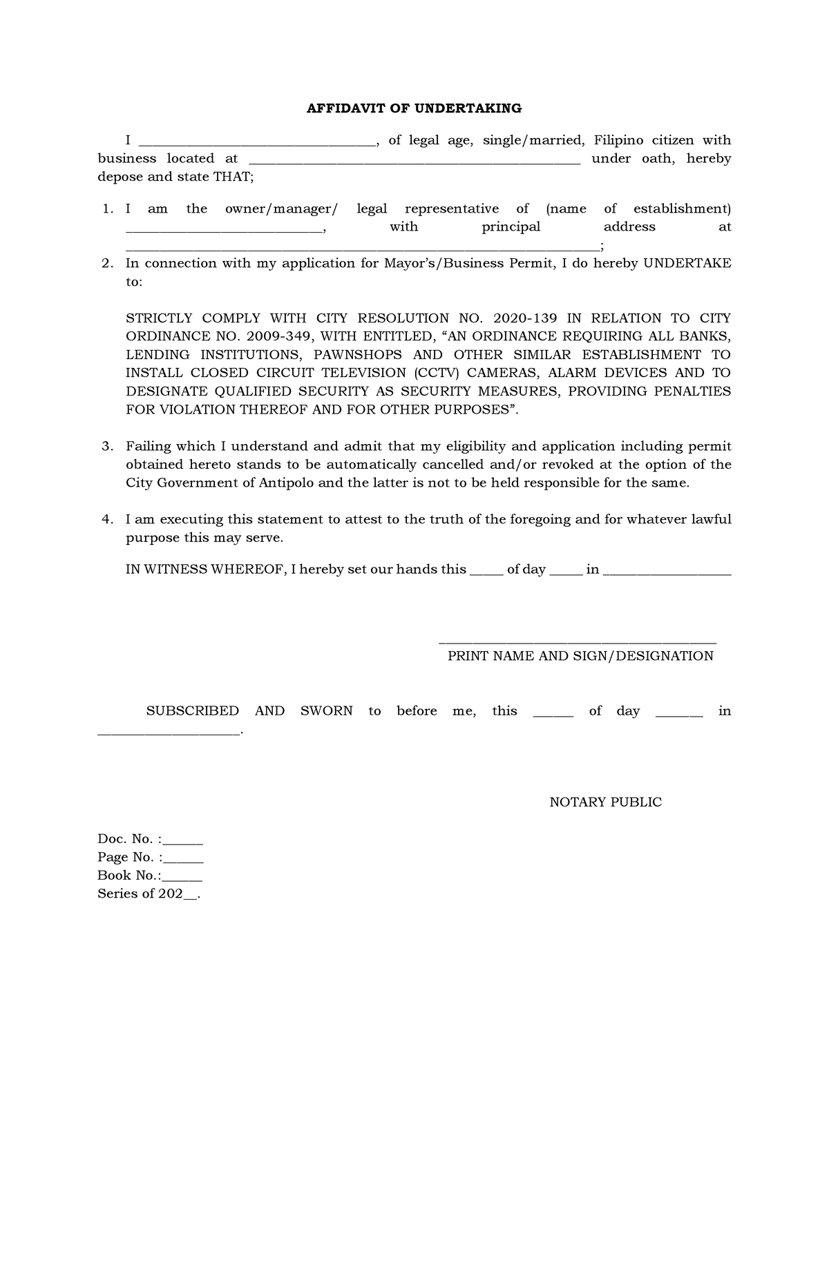 Affidavit OF Undertaking - CCTV Ordinance - AFFIDAVIT OF UNDERTAKING I ...