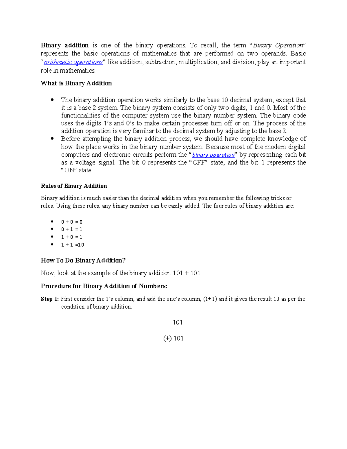 Binary Addition - MATH - Binary addition is one of the binary ...