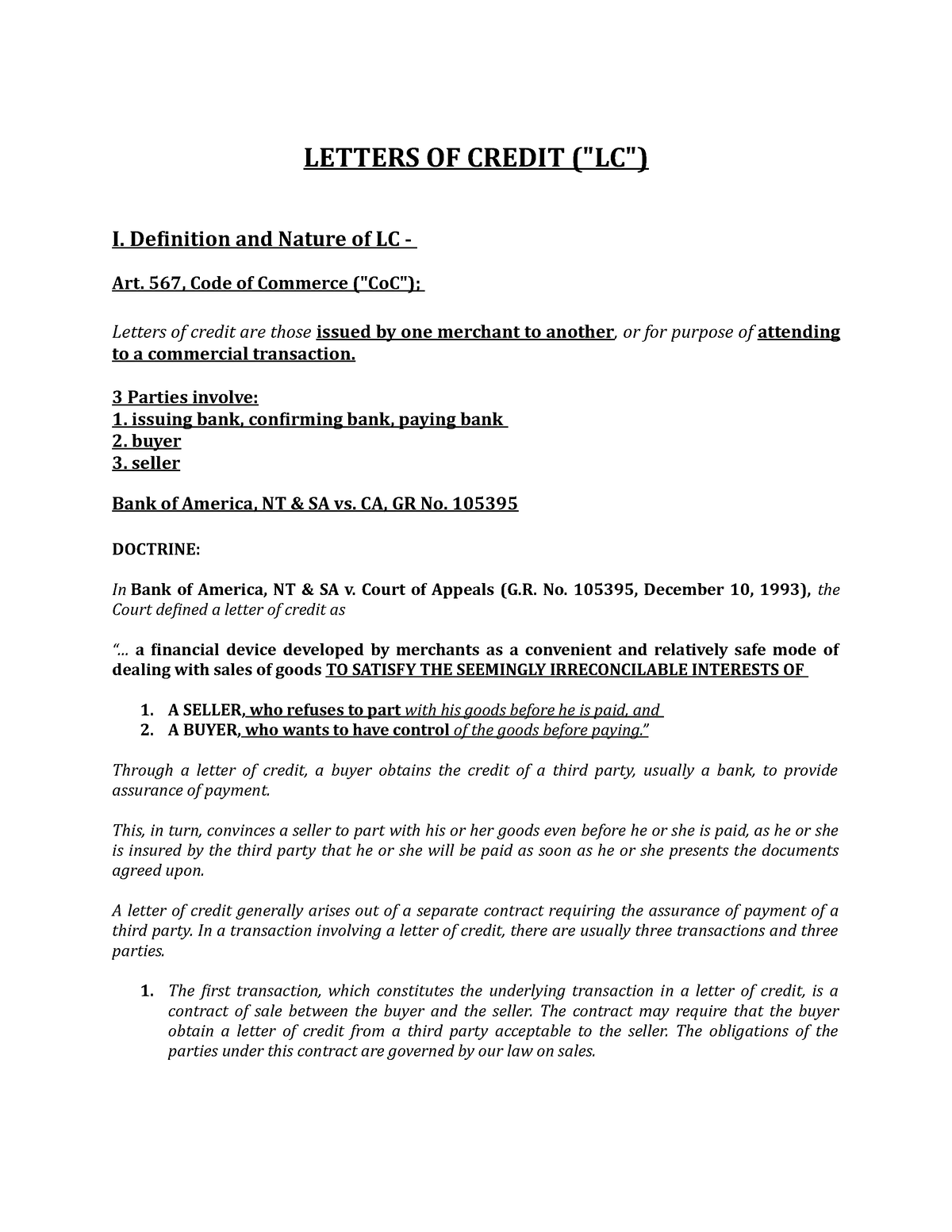 Letters OF Credit - Notes plus cases - LETTERS OF CREDIT ("LC") I