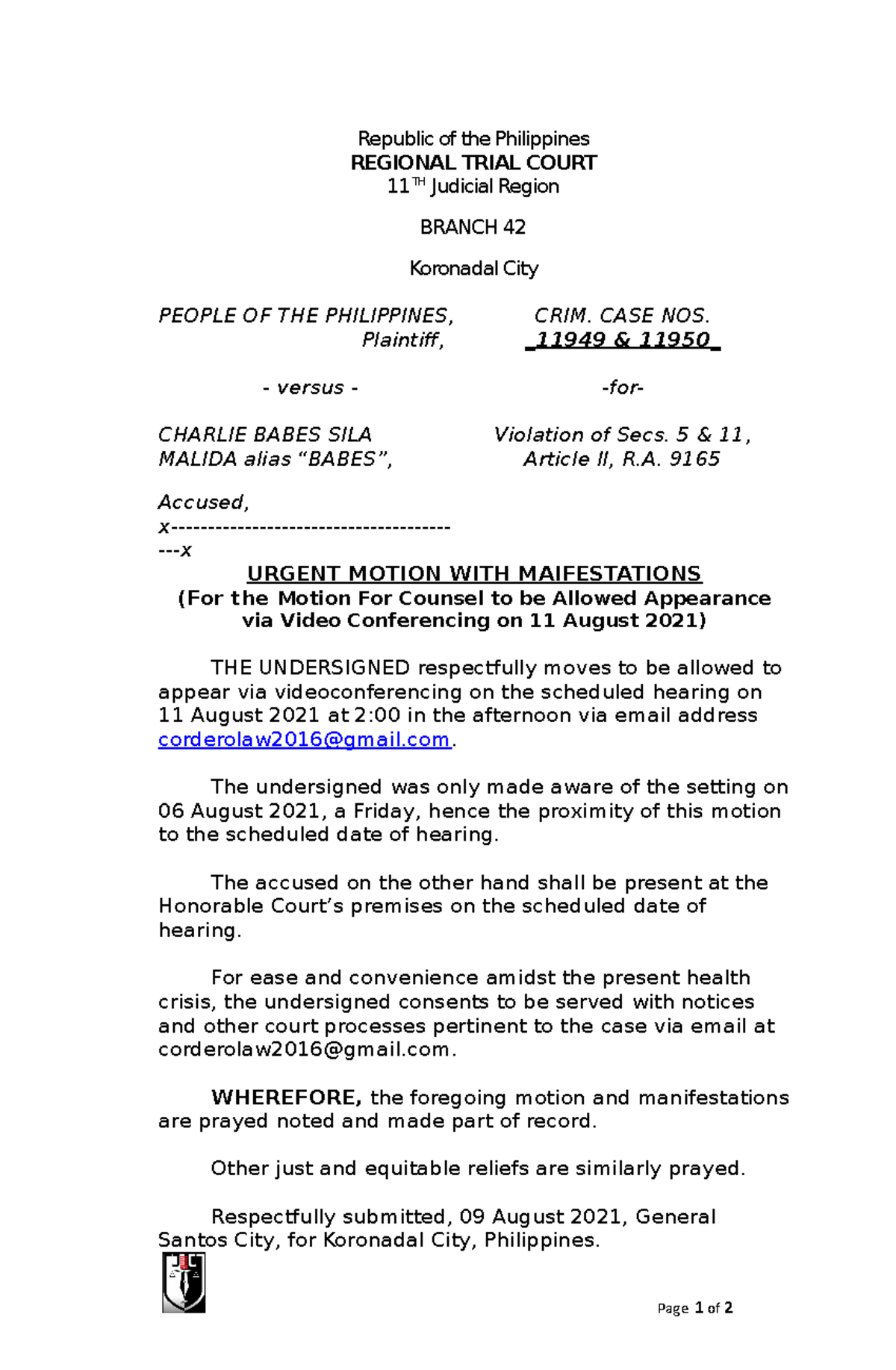 Motion to appear Video conference of charlie babes malida Republic of