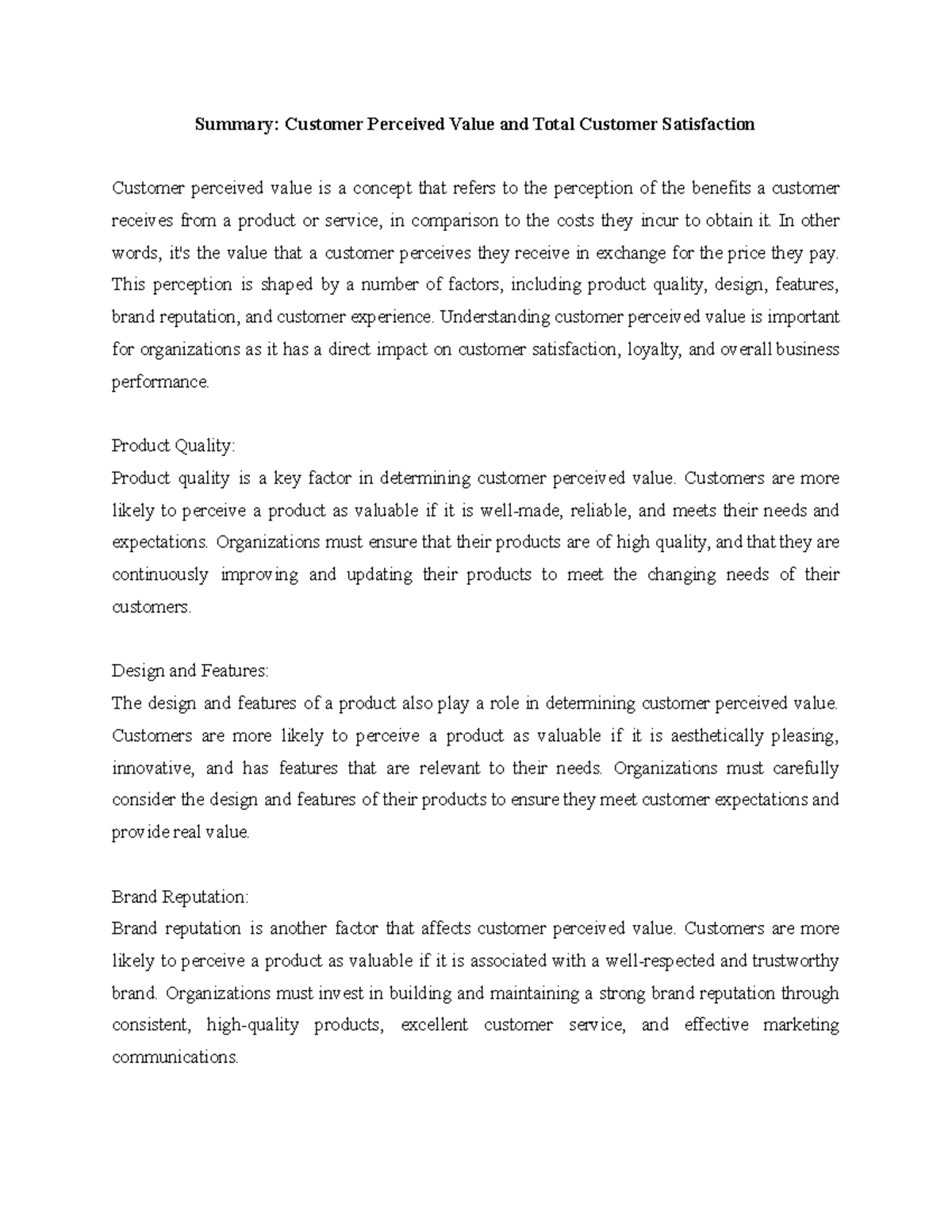 Summary Customer Perceived Value and Total Customer Satisfaction The ...