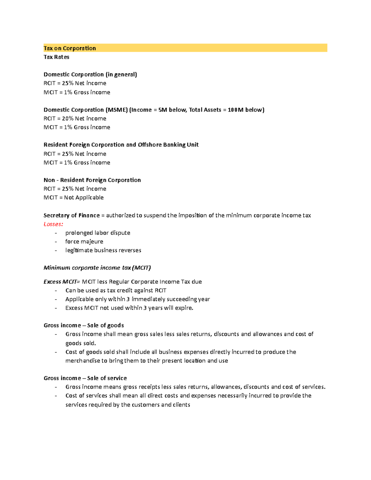 Income tax midterm rev - Tax on Corporation Tax Rates Domestic ...