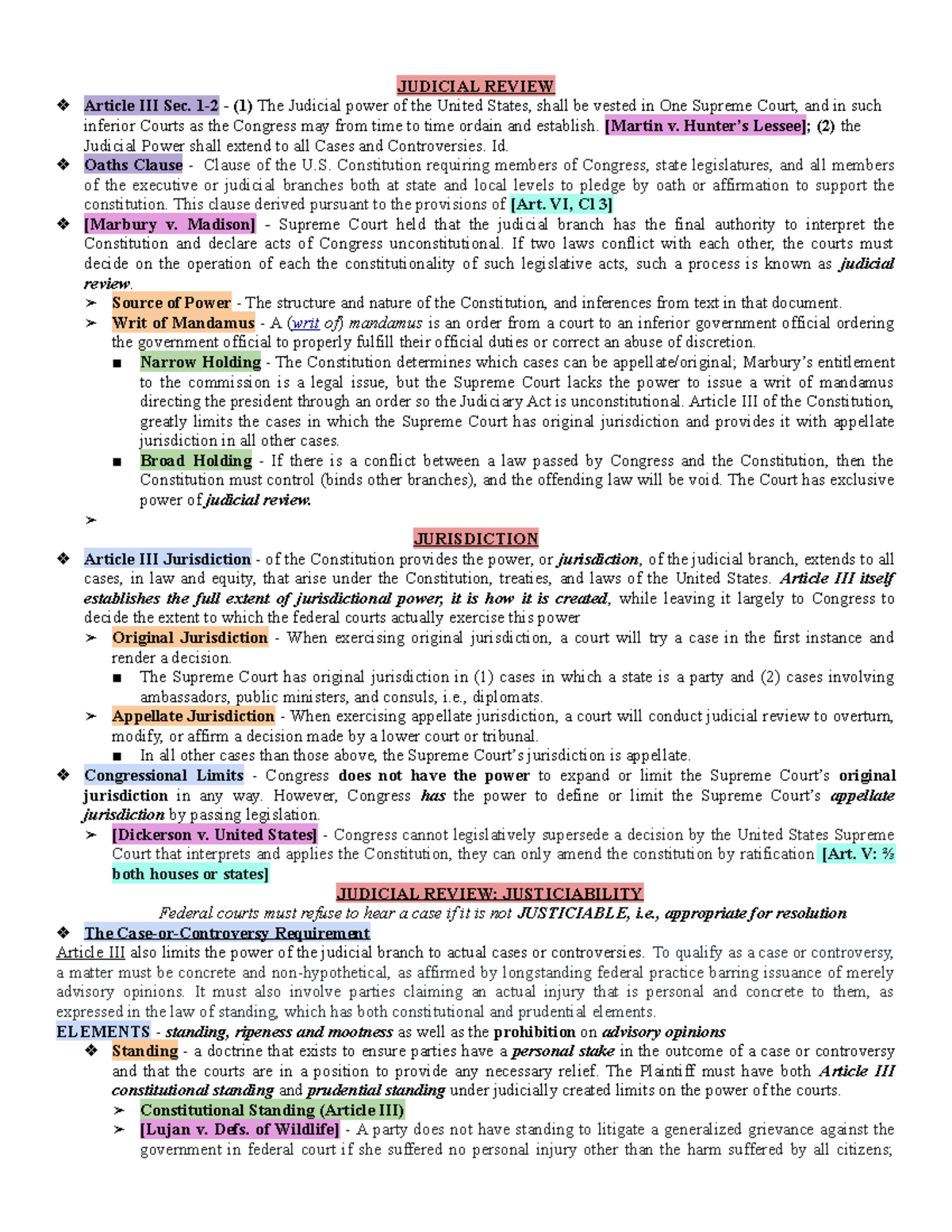 Con Law-Final Outline - JUDICIAL REVIEW Article III Sec. 1-2 - (1) The ...