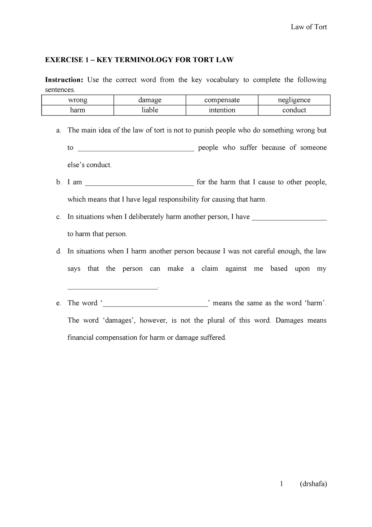 Exercises Tort Law - Student Copy - EXERCISE 1 – KEY TERMINOLOGY FOR ...