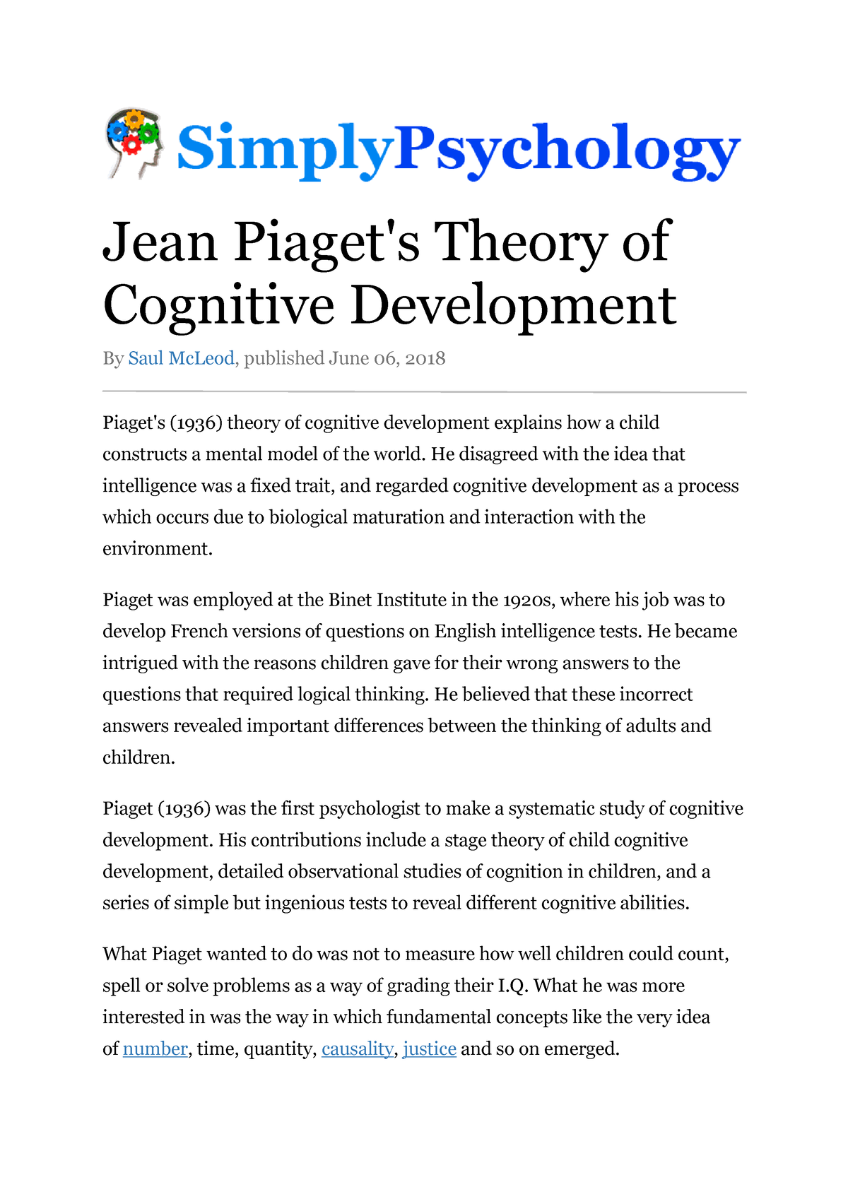 Jean Piaget s Theory of Cognitive Development Jean Piaget s