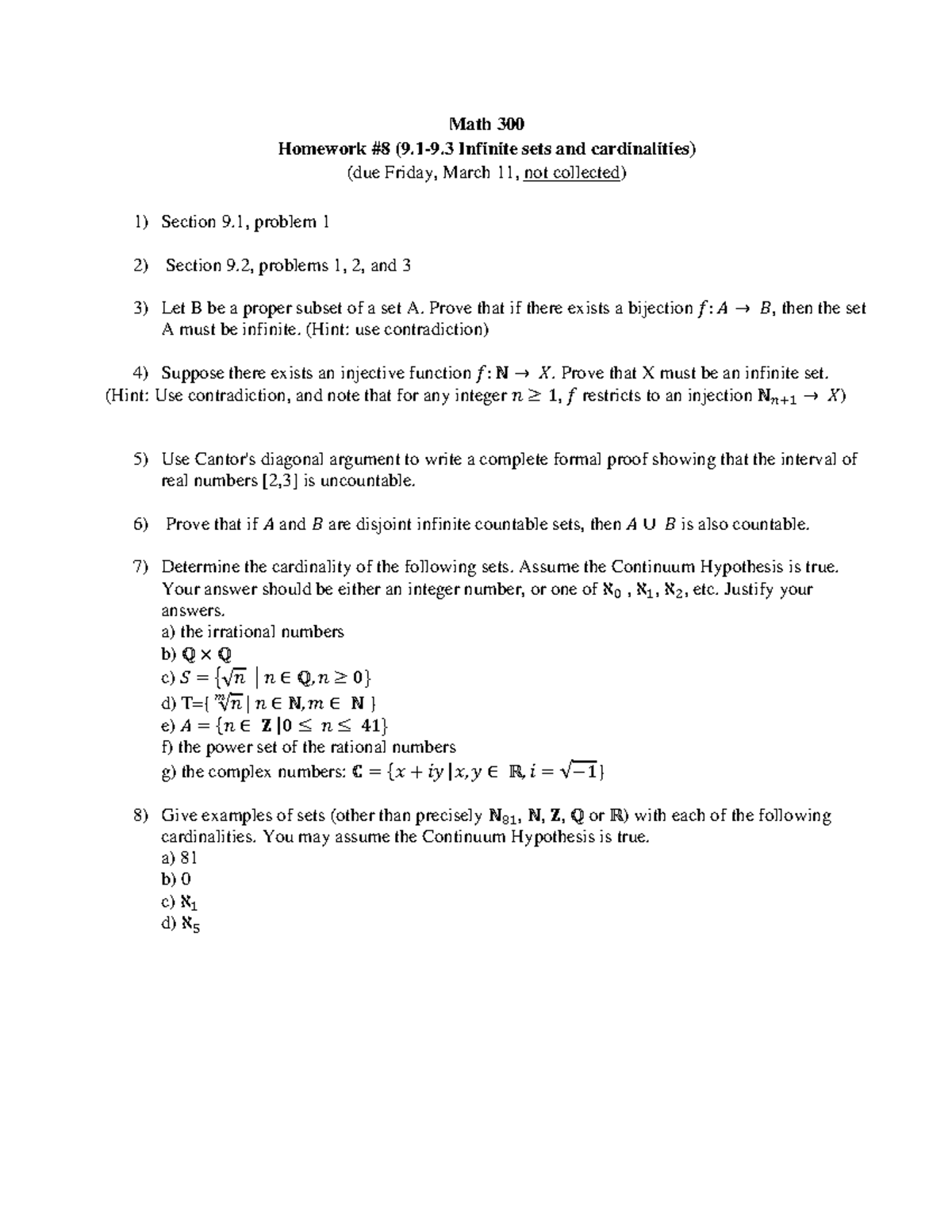 Homework 8Win-1 - Math 300 Homework Infinite sets and cardinalities ...