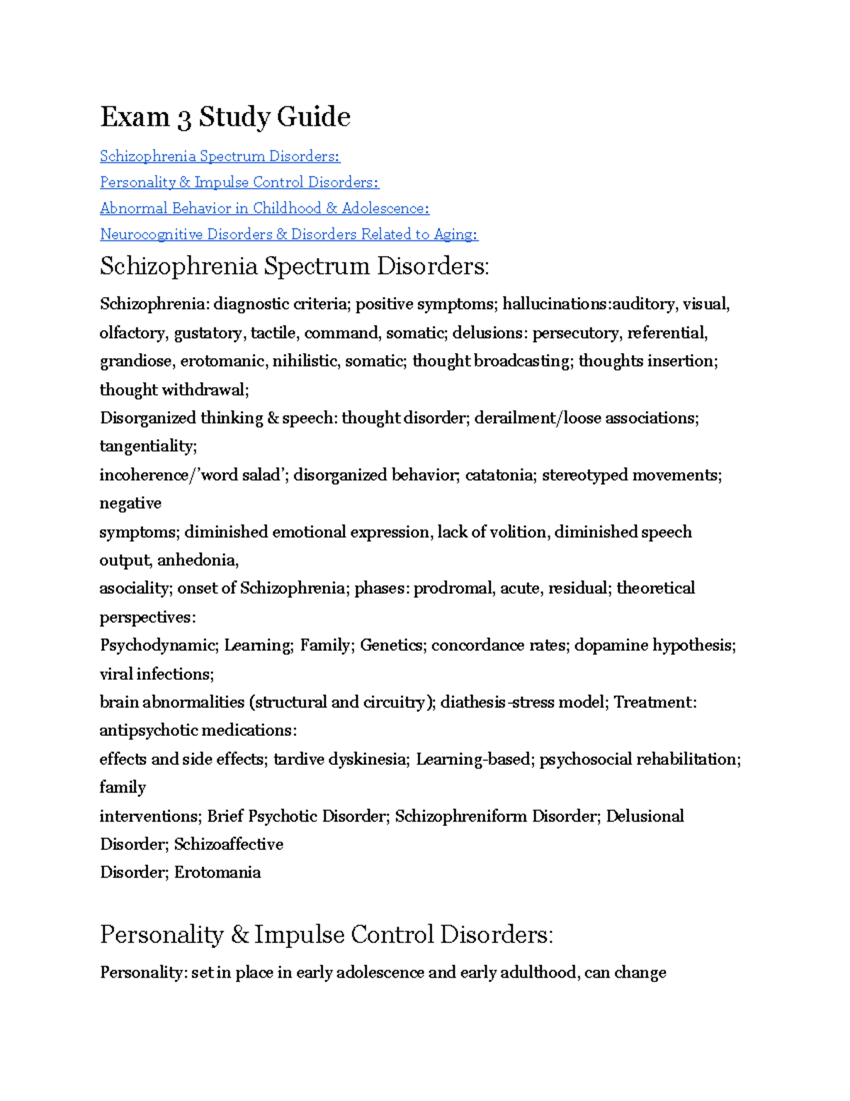PSY 0205 Exam 3 Study Guide - Exam 3 Study Guide Schizophrenia Spectrum ...