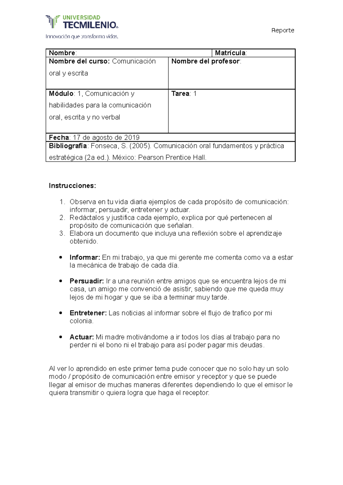 Tarea 1v2 - Comunicación O y E - Reporte Nombre : Matrícula : Nombre ...