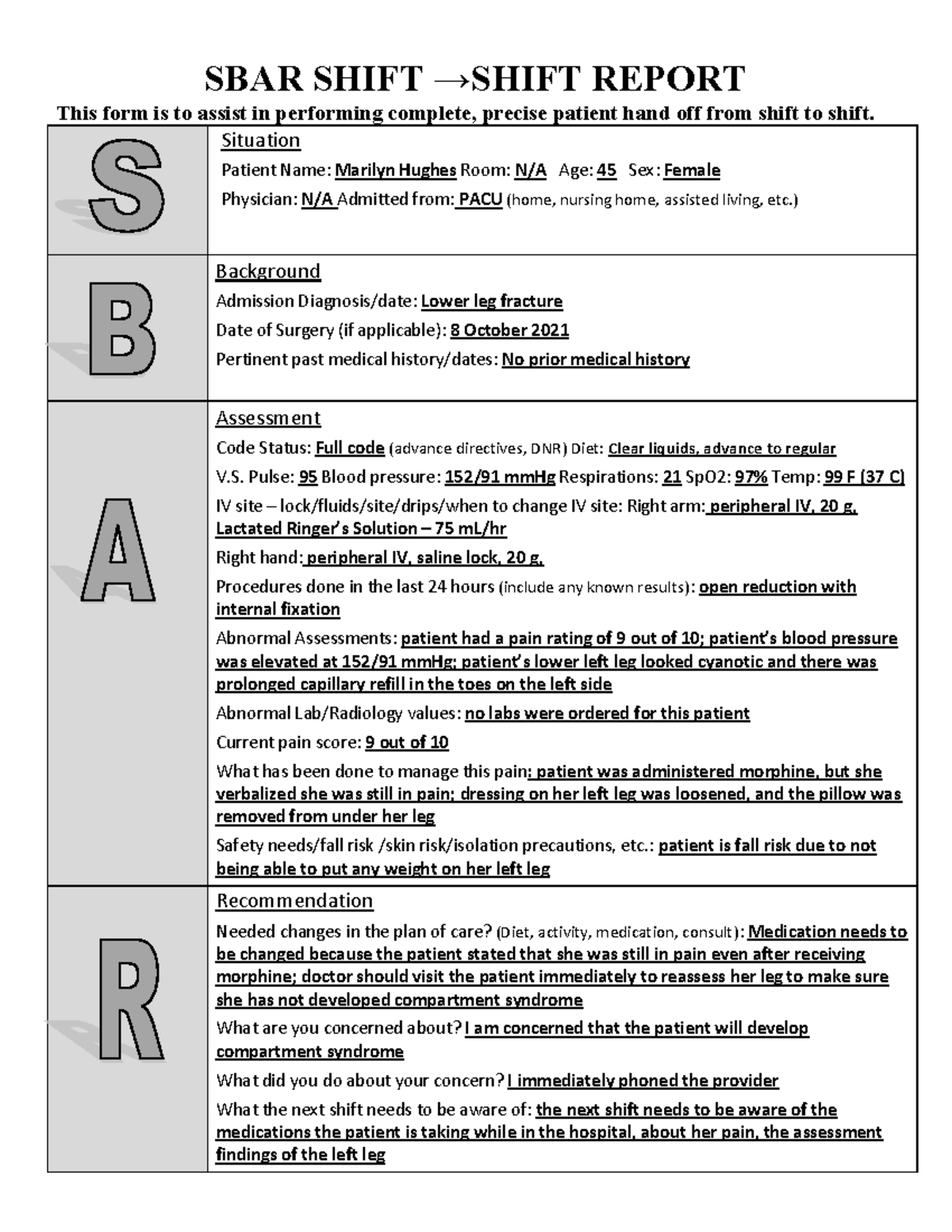 Marilyn hughes SBAR - SBAR SHIFT →SHIFT REPORT This form is to assist ...