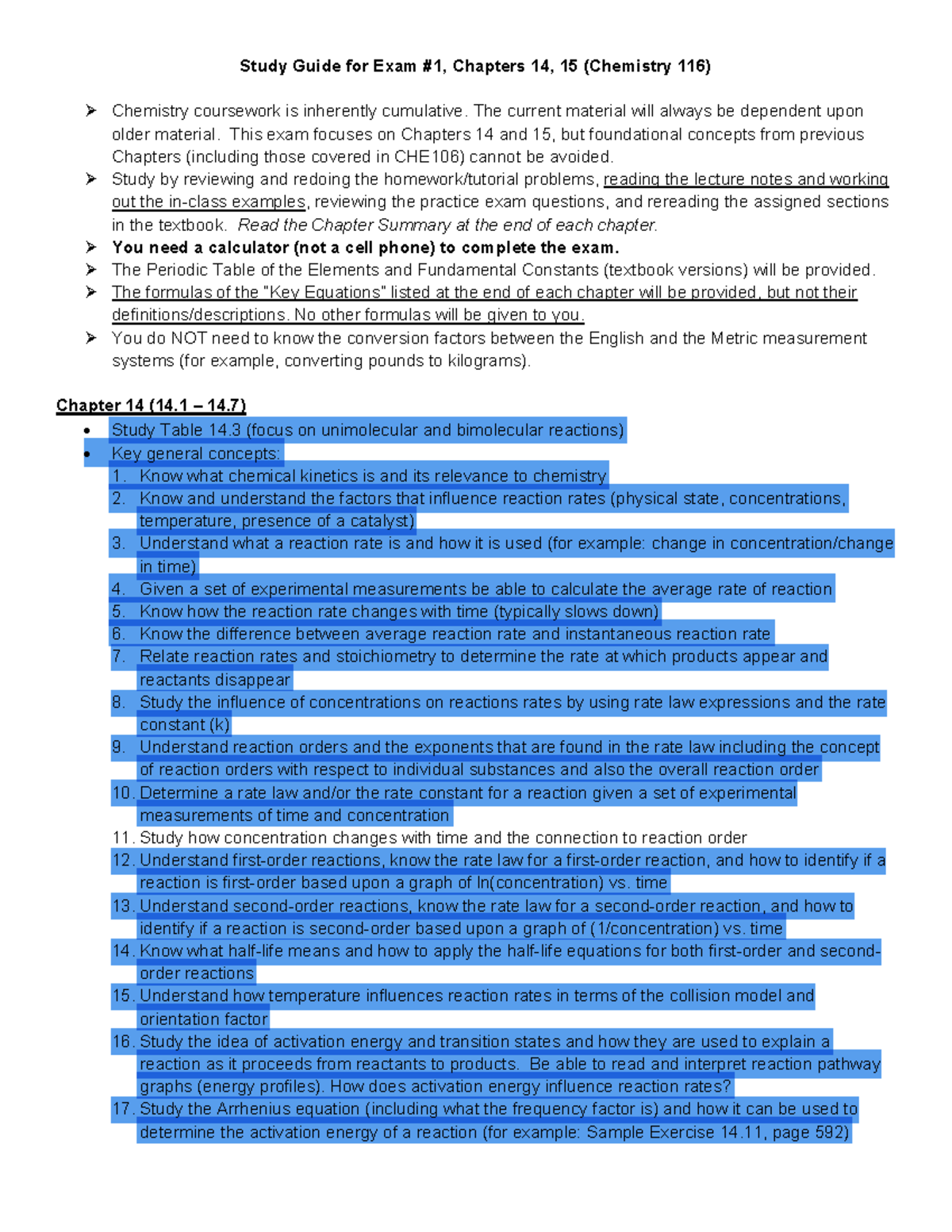 Study Guide for Exam 1 2018 - Study Guide for Exam Chapters 14, 15 ...
