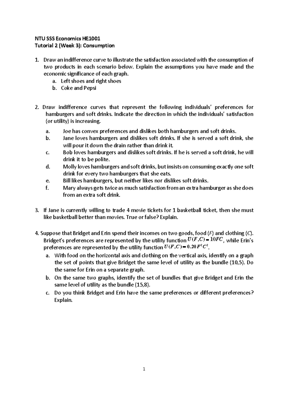Tutorial 1 - Consumption 1 - 1 NTU SSS Economics HE Tutorial 2 (Week 3 ...