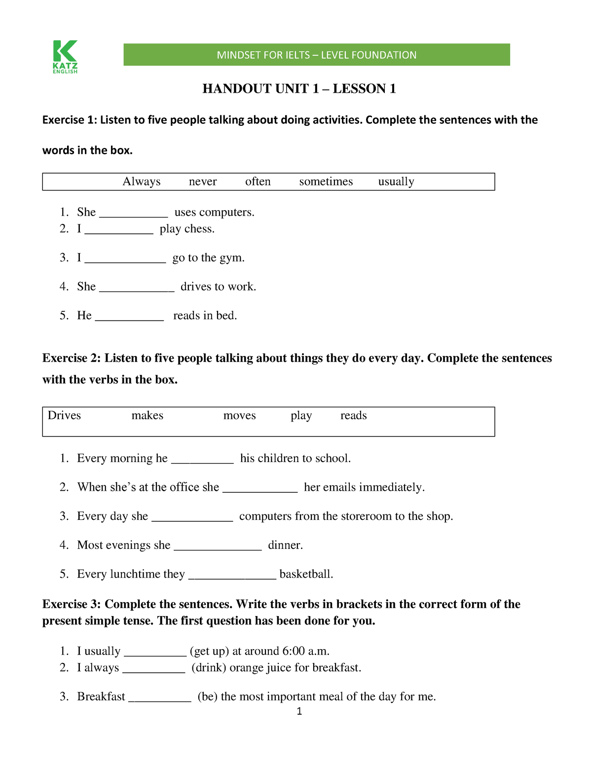 Handout - mindset for Ielts - Foundation - HANDOUT UNIT 1 – LESSON 1 ...