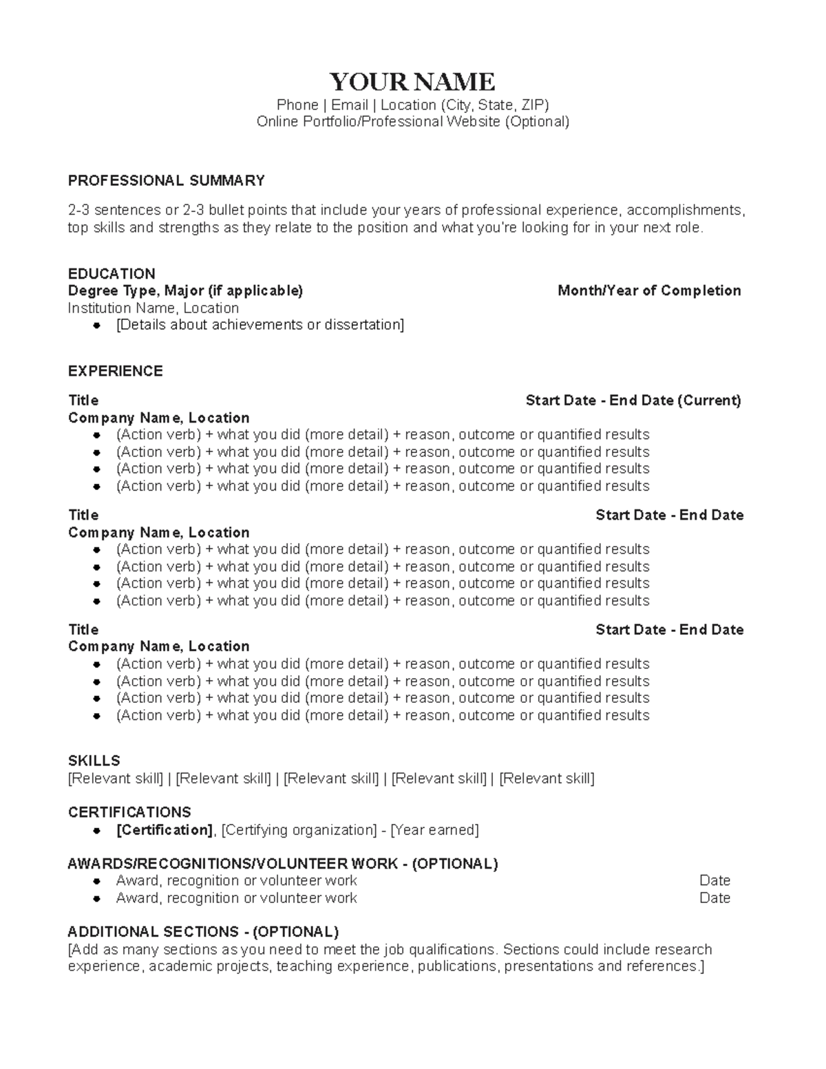 CV Template - YOUR NAME Phone | Email | Location (City, State, ZIP ...