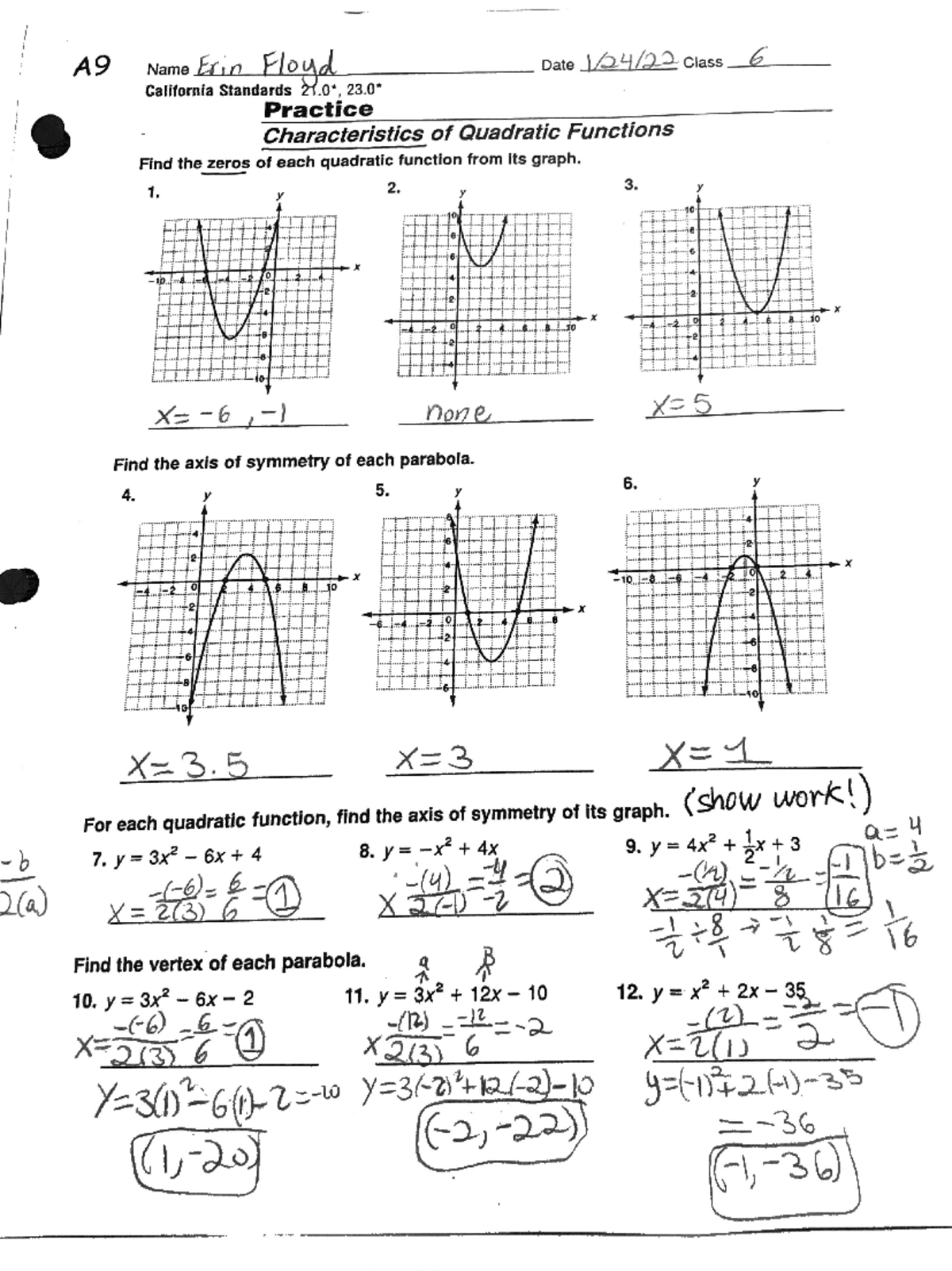 A9 Quadratic Functions - Studocu