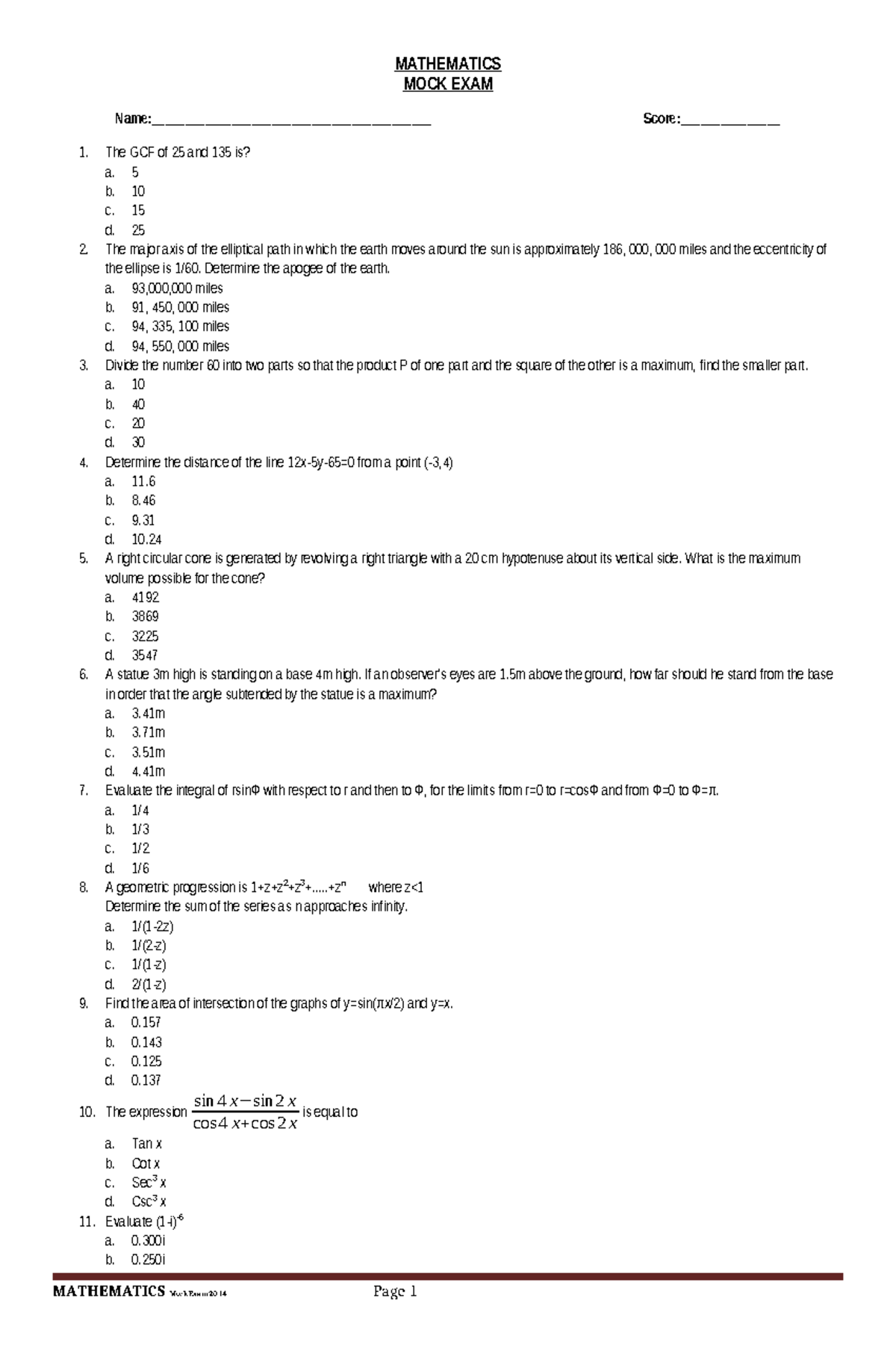 Mathematics - Q - problems - MATHEMATICS MOCK EXAM Name