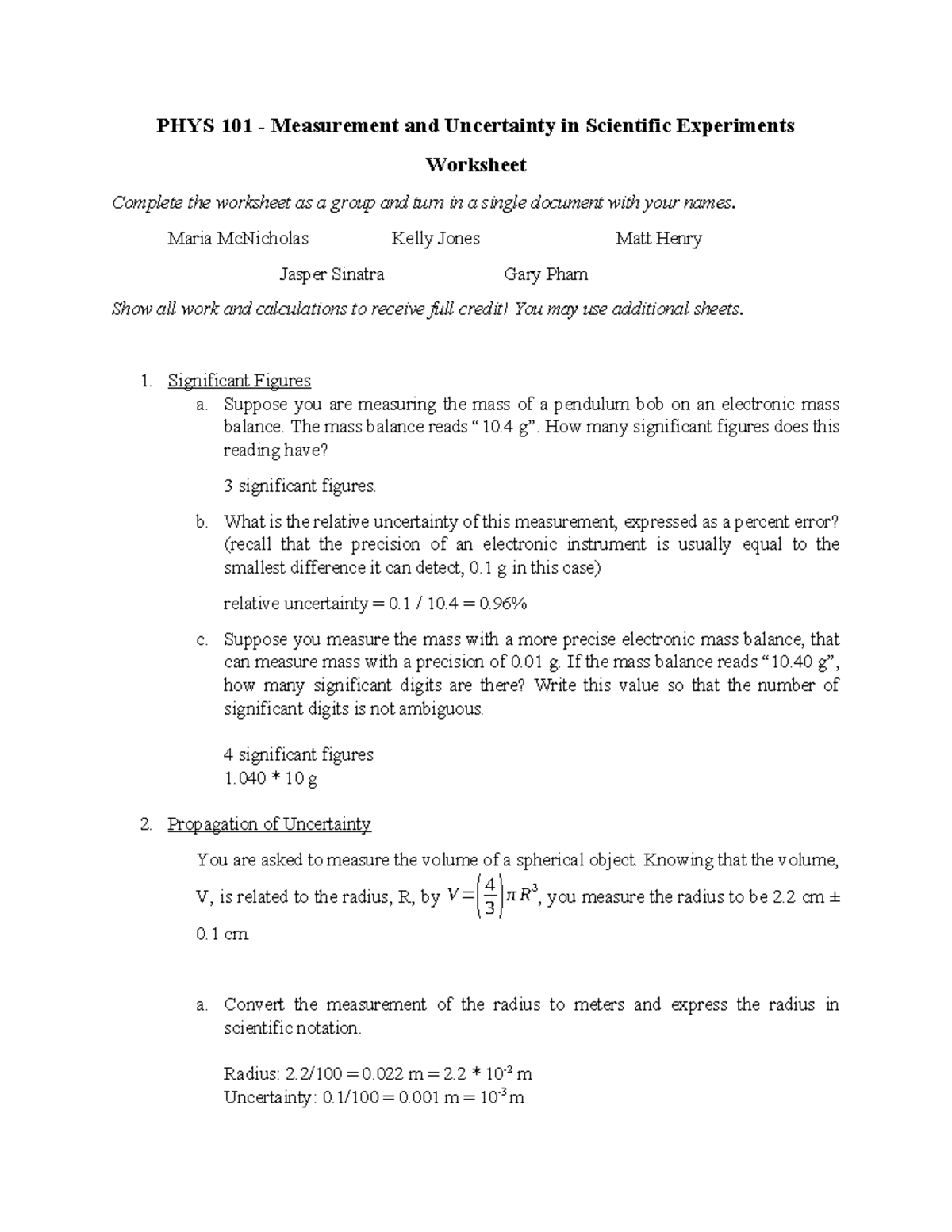 Measurement and Uncertainty in Scientific Experiments - Worksheet ...