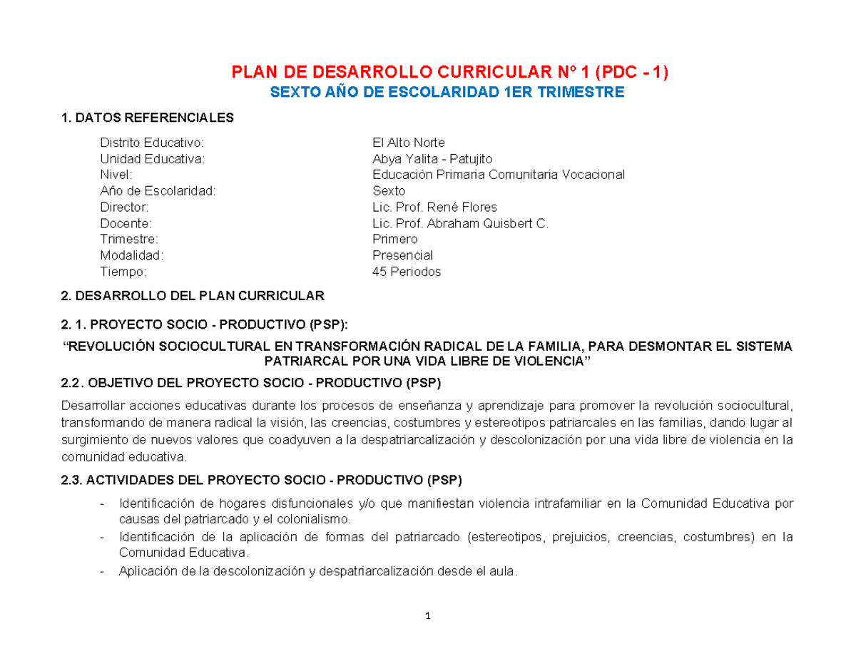 PDC 6TO (1er Trimestre) - PLAN DE DESARROLLO CURRICULAR Nº 1 (PDC - 1 ...
