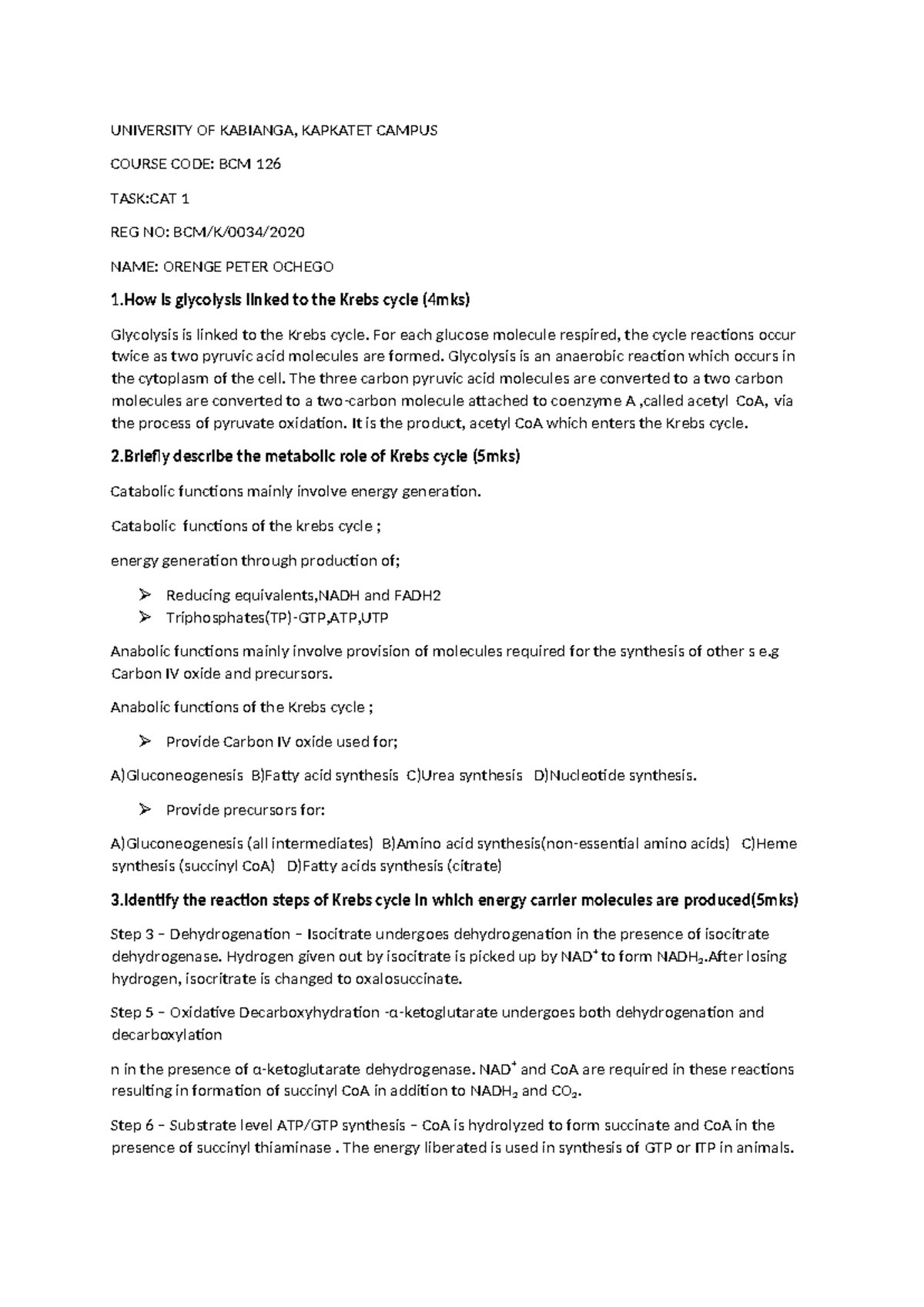 Biochemistry CAT - notes - UNIVERSITY OF KABIANGA, KAPKATET CAMPUS ...