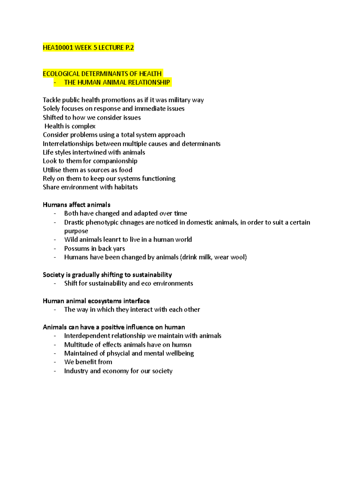 WEEK 5 Lecture P - Notes - HEA10001 WEEK 5 LECTURE P. ECOLOGICAL ...