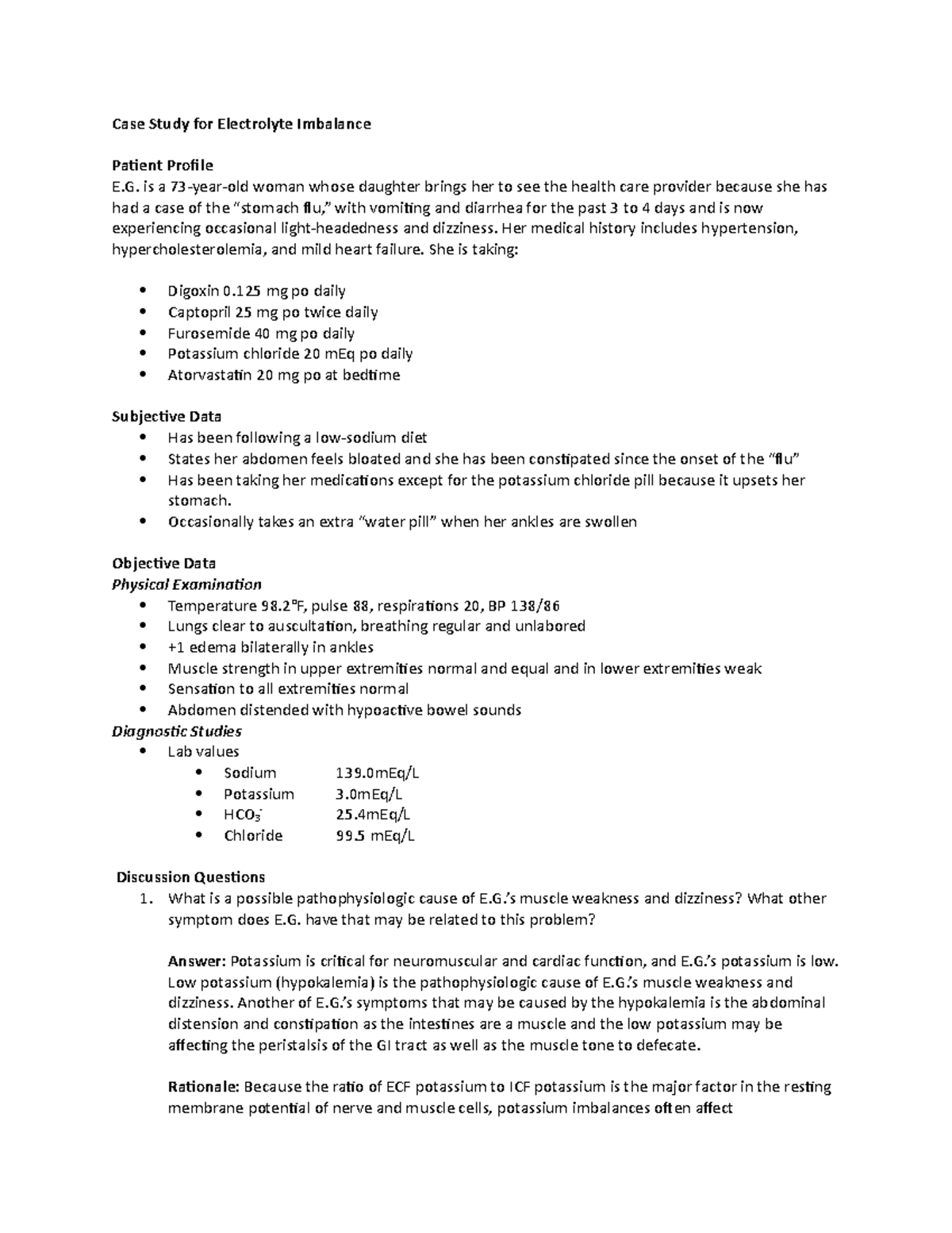 Case Study for Electrolyte Imbalance Case Study for Electrolyte