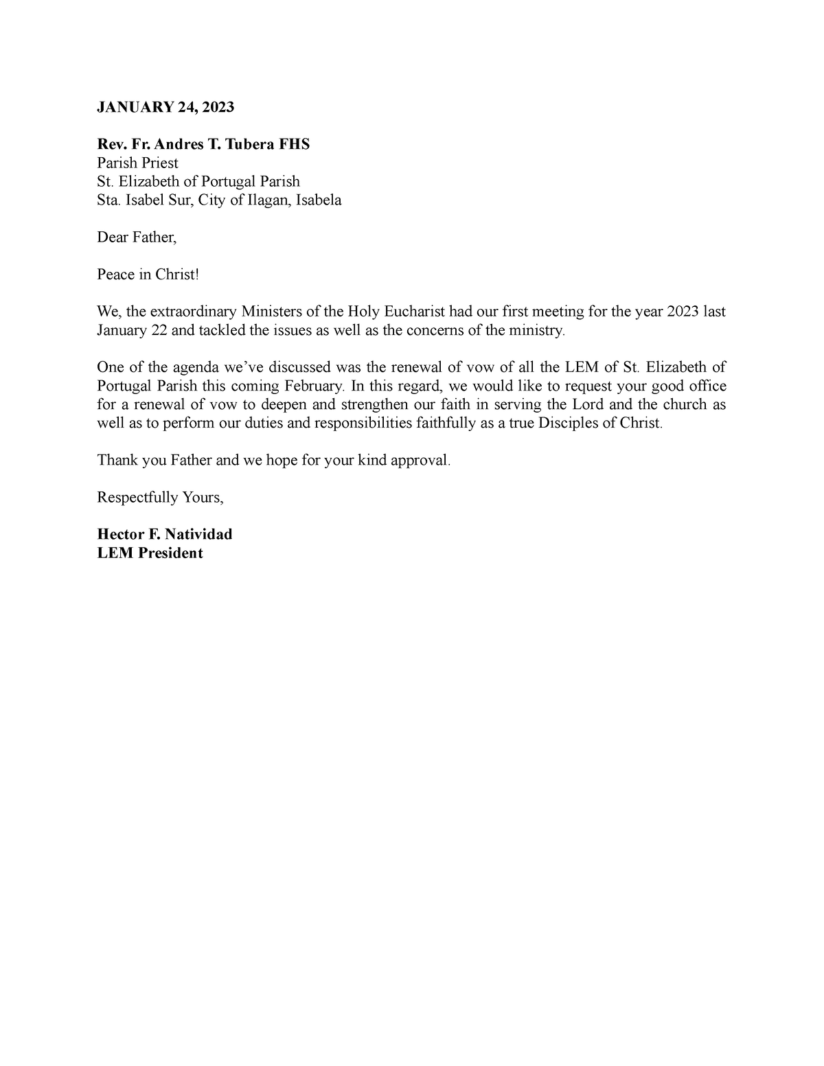 Request Letter - XSSSS - JANUARY 24, 2023 Rev. Fr. Andres T. Tubera FHS ...