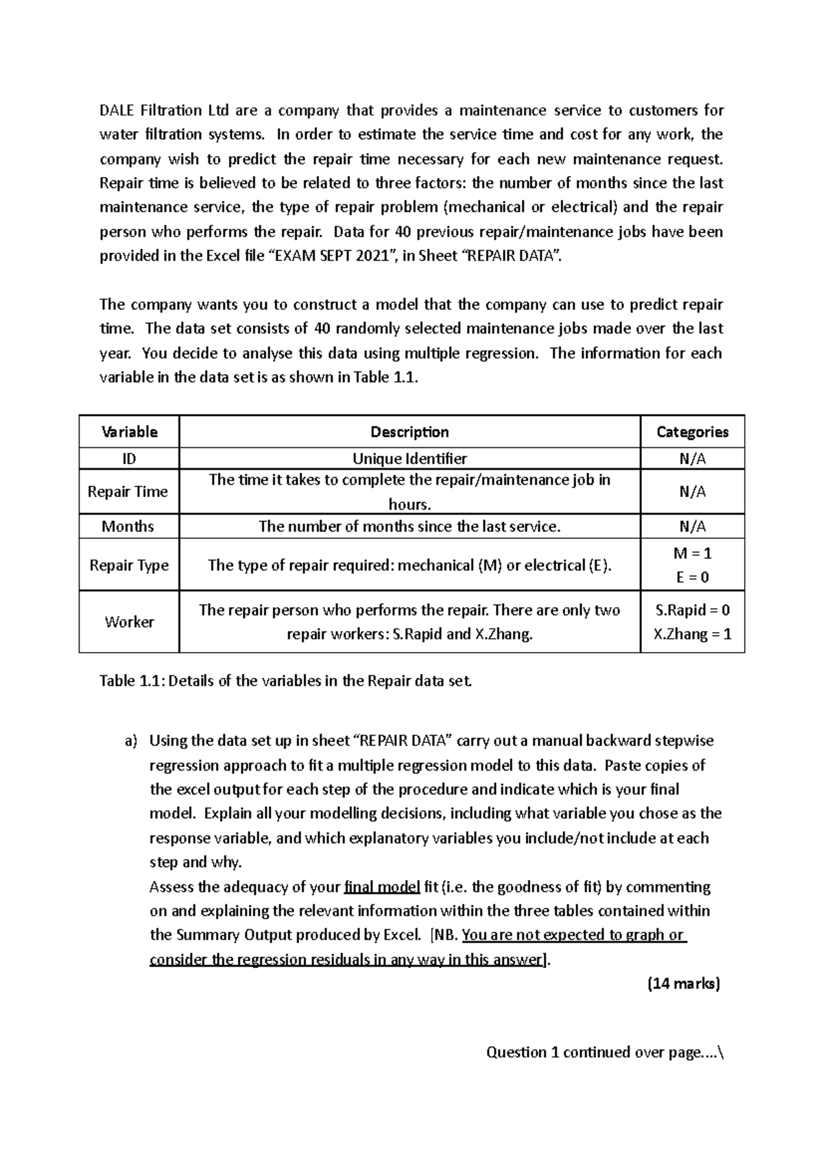 Regression- Example- Questions - DALE Filtration Ltd are a company that ...