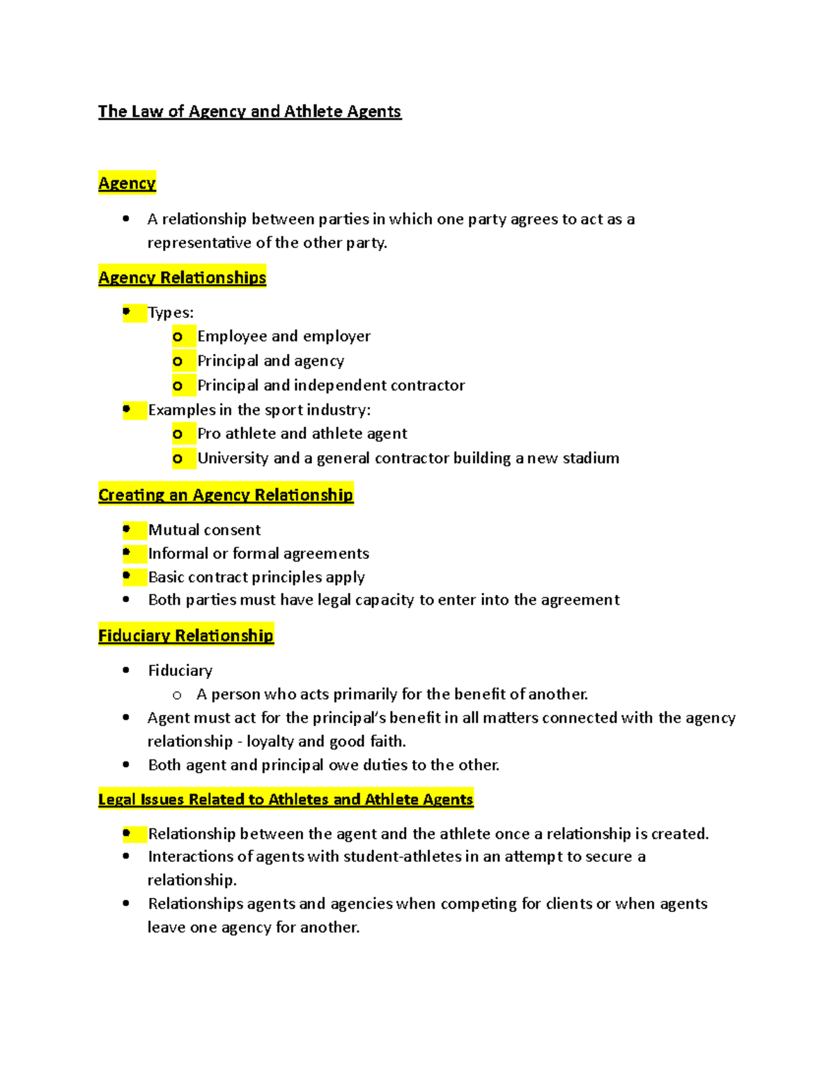 The Law of Agency and Athlete Agents Chapter 8 Sport Law The Law of