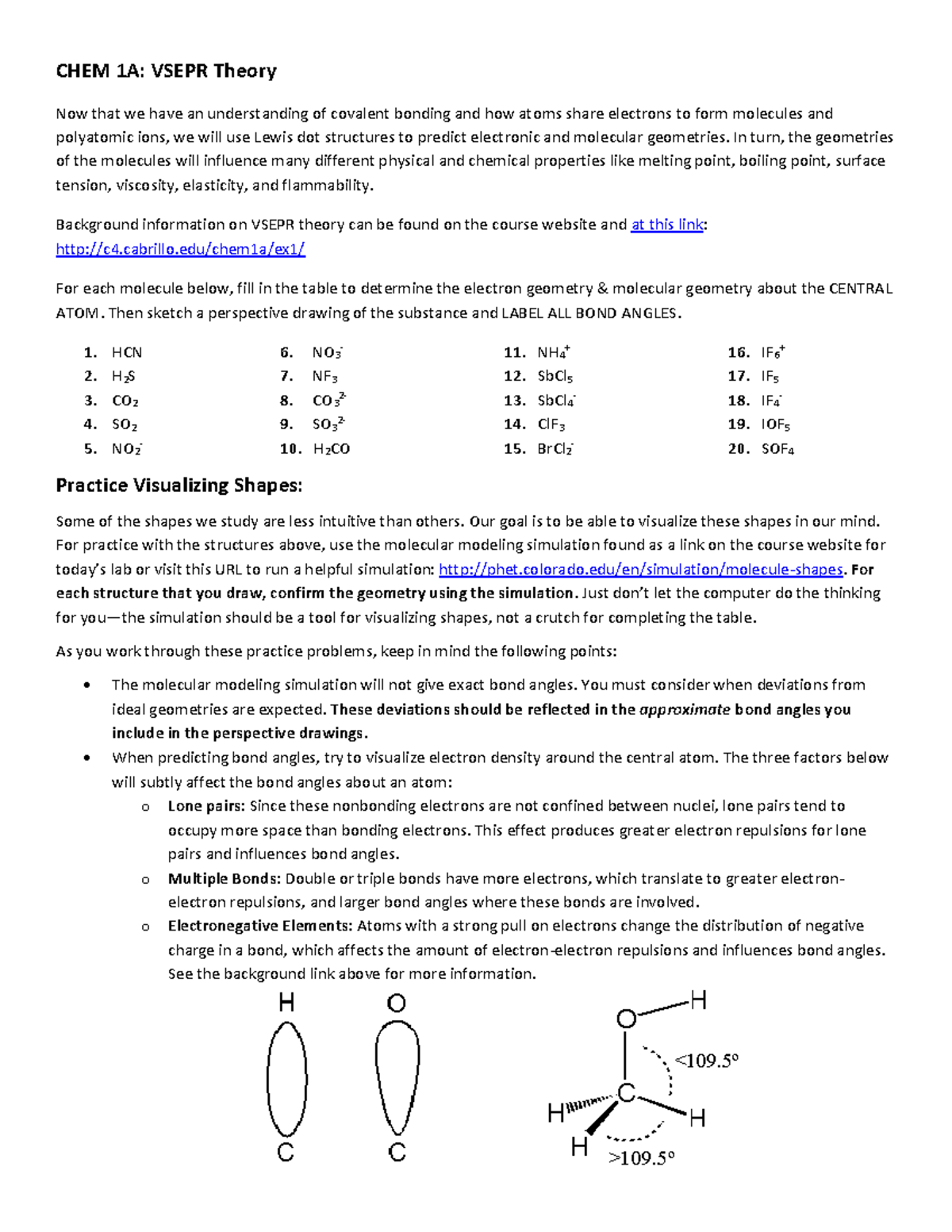 Vsepr Practice Answer Key CHEM 1A VSEPR Theory Now That We Have An 