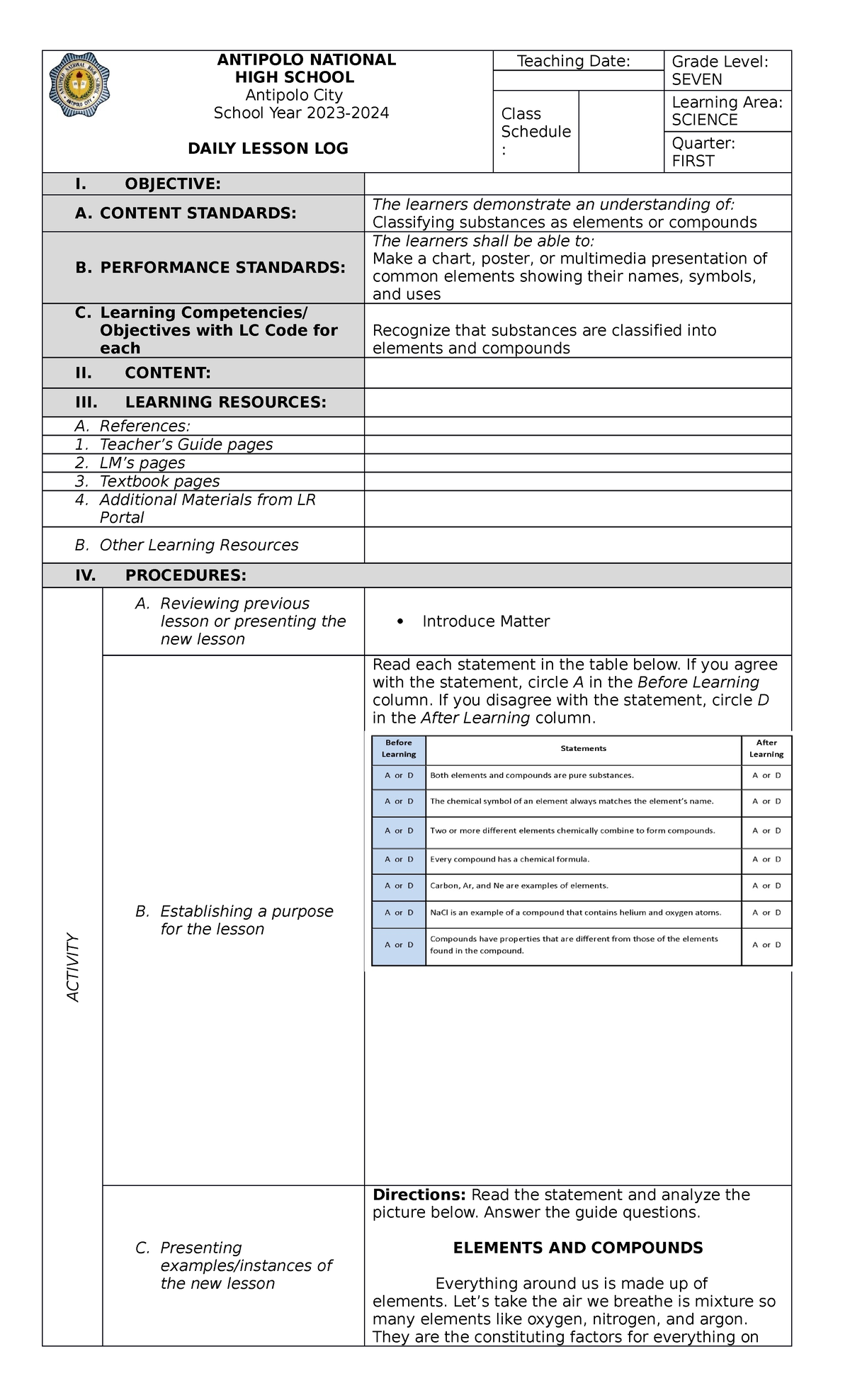 DLL MELC 2 WEEK 3 Elements Periodic Table Compounds - ANTIPOLO NATIONAL ...