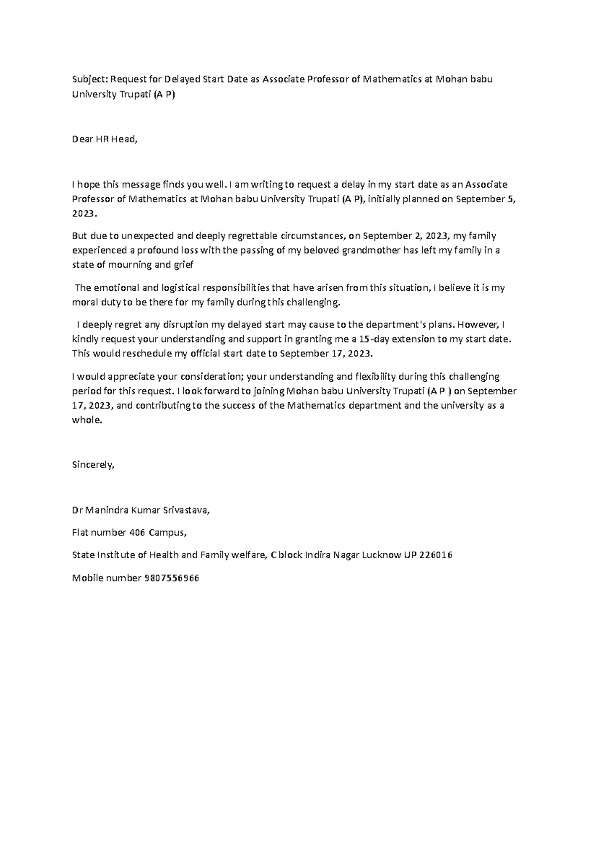 mathematical model - Subject: Request for Delayed Start Date as ...