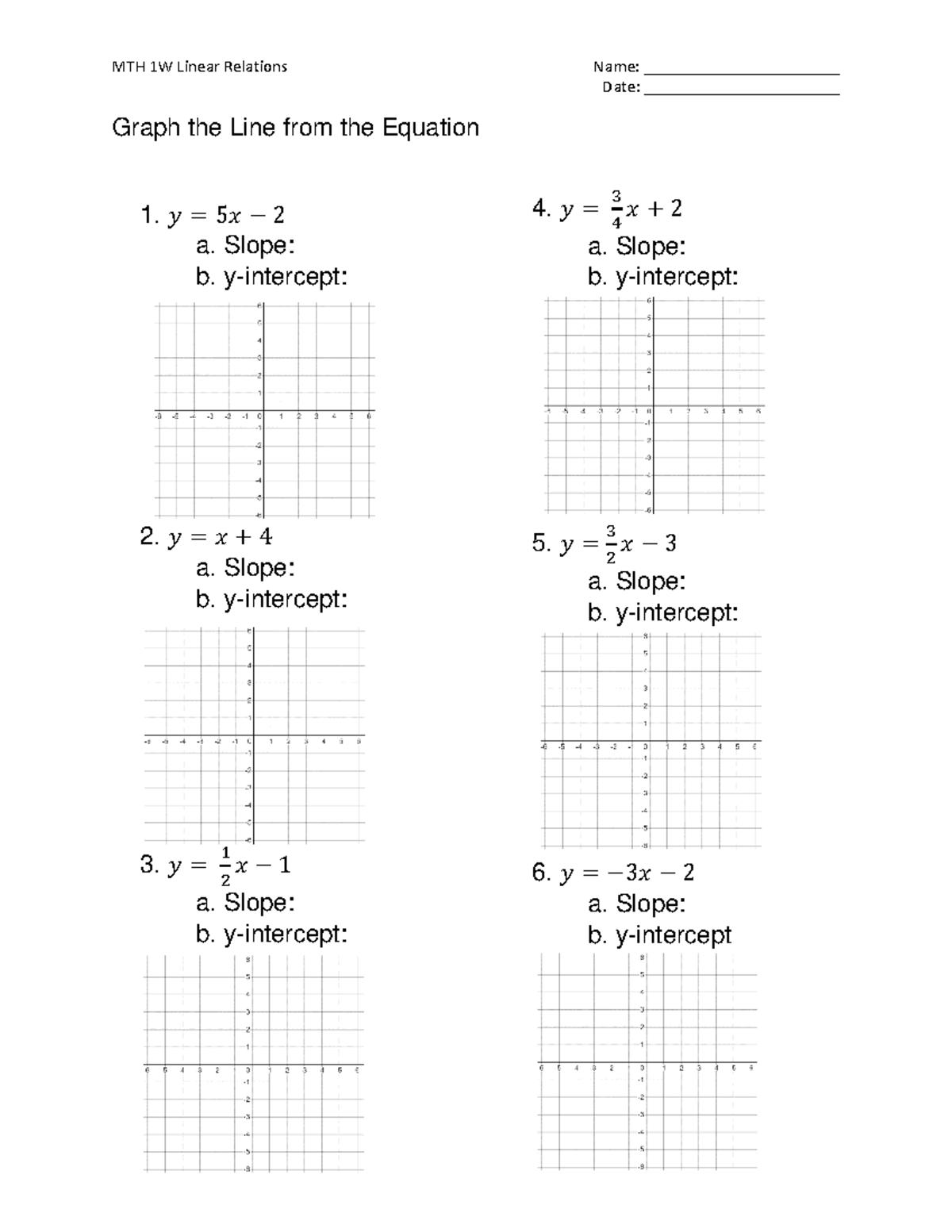 MTH 1W Equations of a Line - MTH 1W Linear Relations Name ...