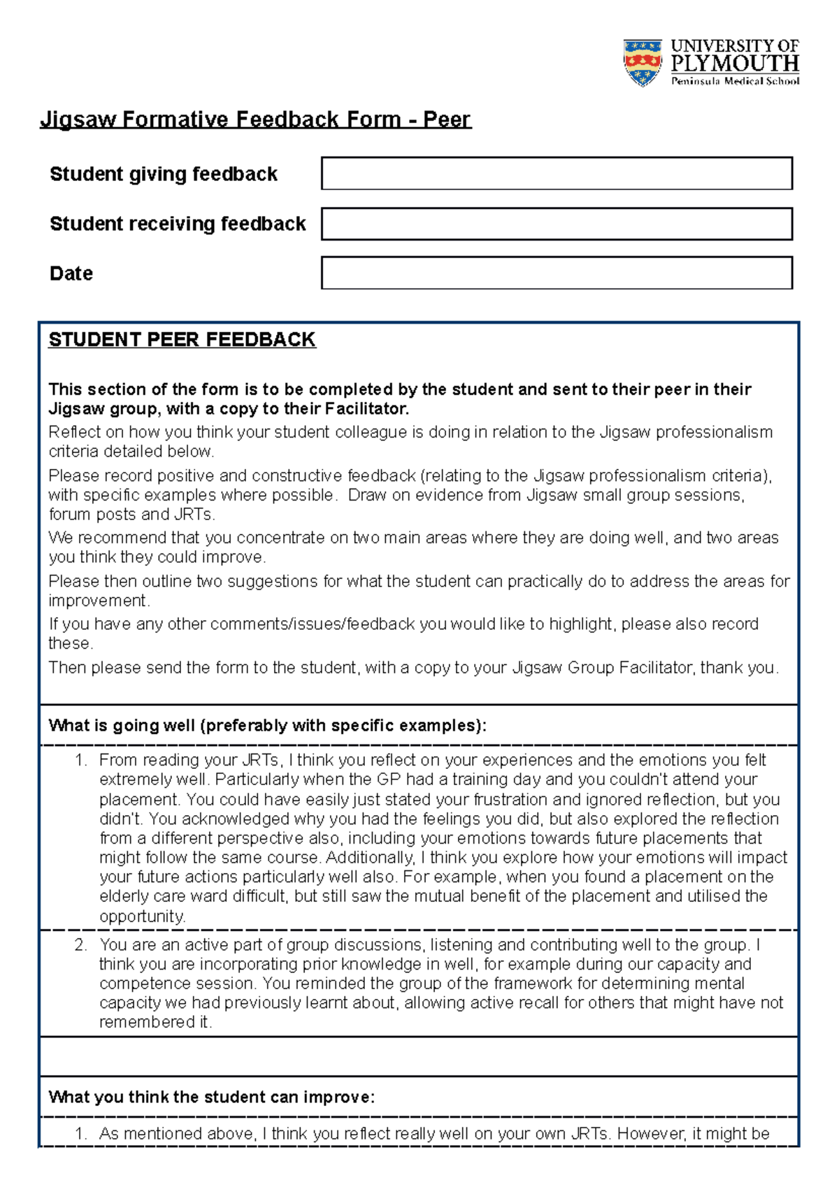Jigsaw Formative Feedback 24 Jigsaw Formative Feedback Form Peer