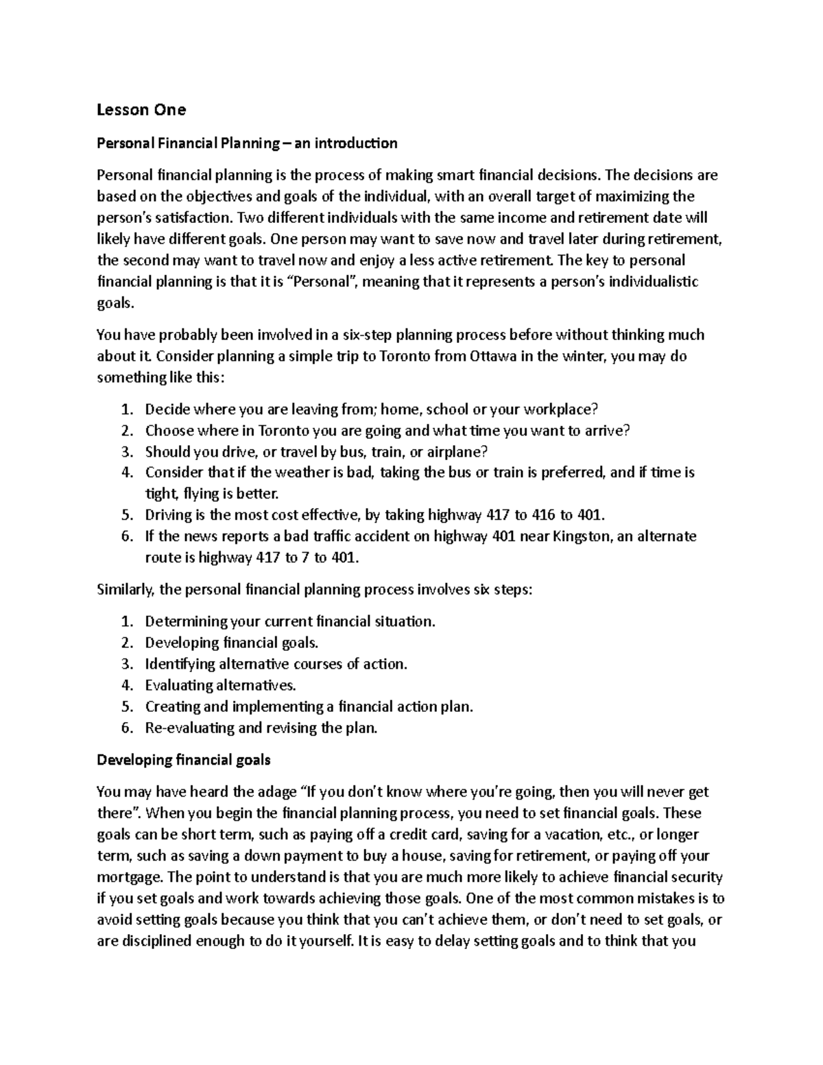 FIN2303 Lessons 1-10 - Lecture notes 1-10 - Lesson One Personal ...