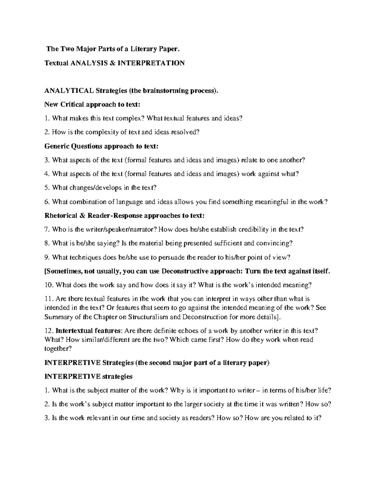 The Two Major Parts of a Literary Paper - Textual ANALYSIS ...