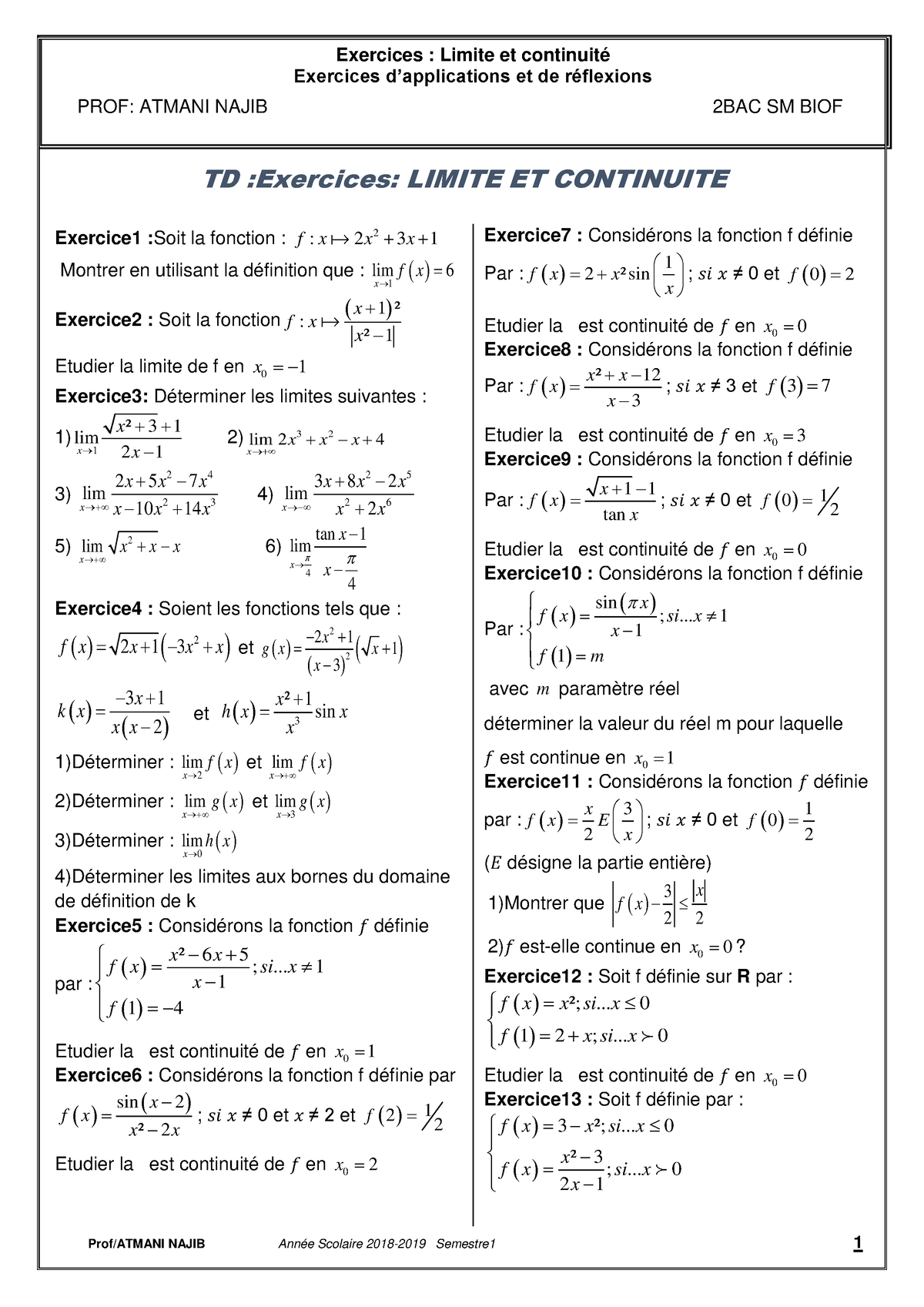 Exercices Limites Et Continuite 1 - Exercices : Limite Et Continuité ...