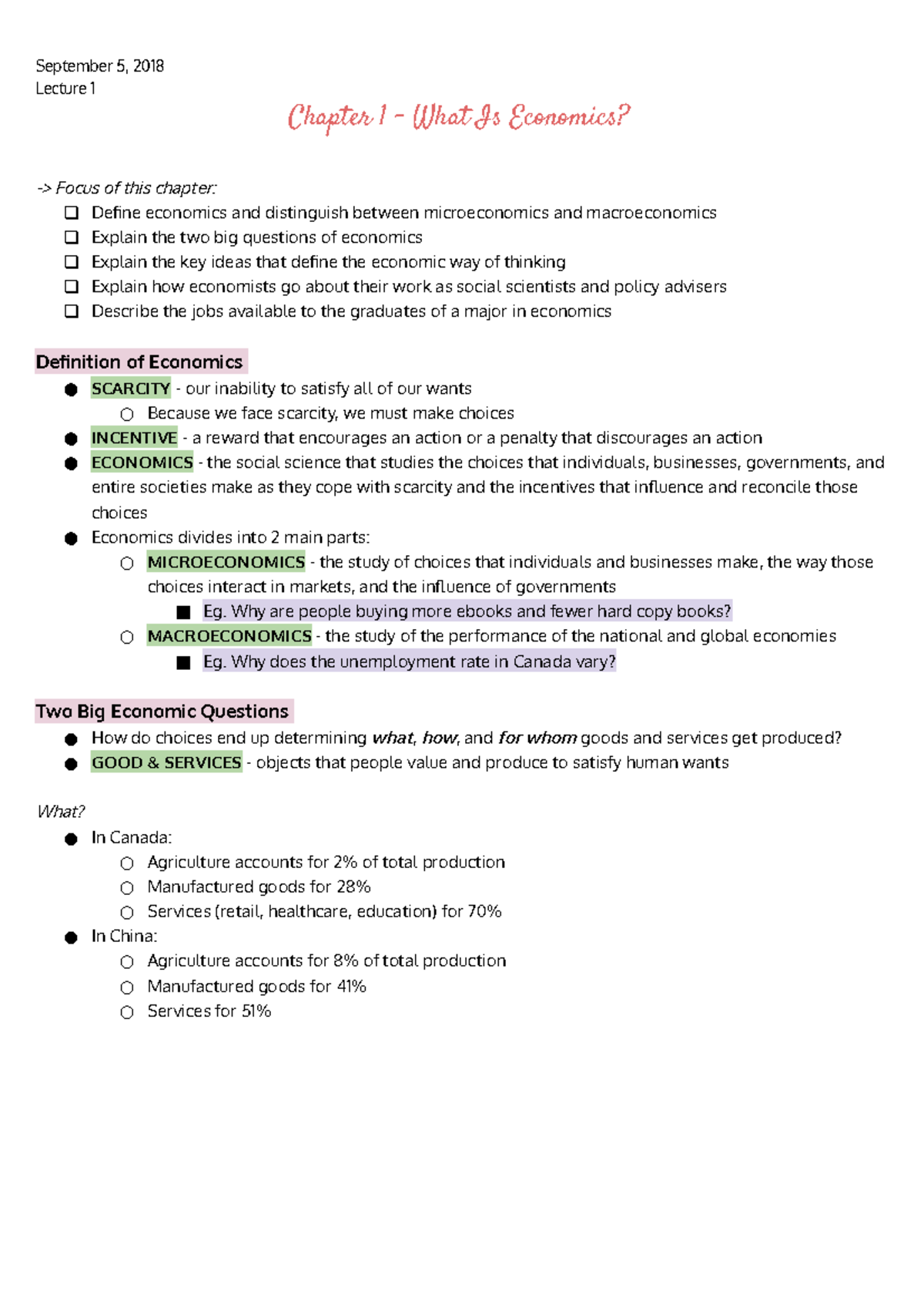 ECON1102 - Chapter 1 (Lecture Notes) - September 5, 2018 Lecture 1 ...