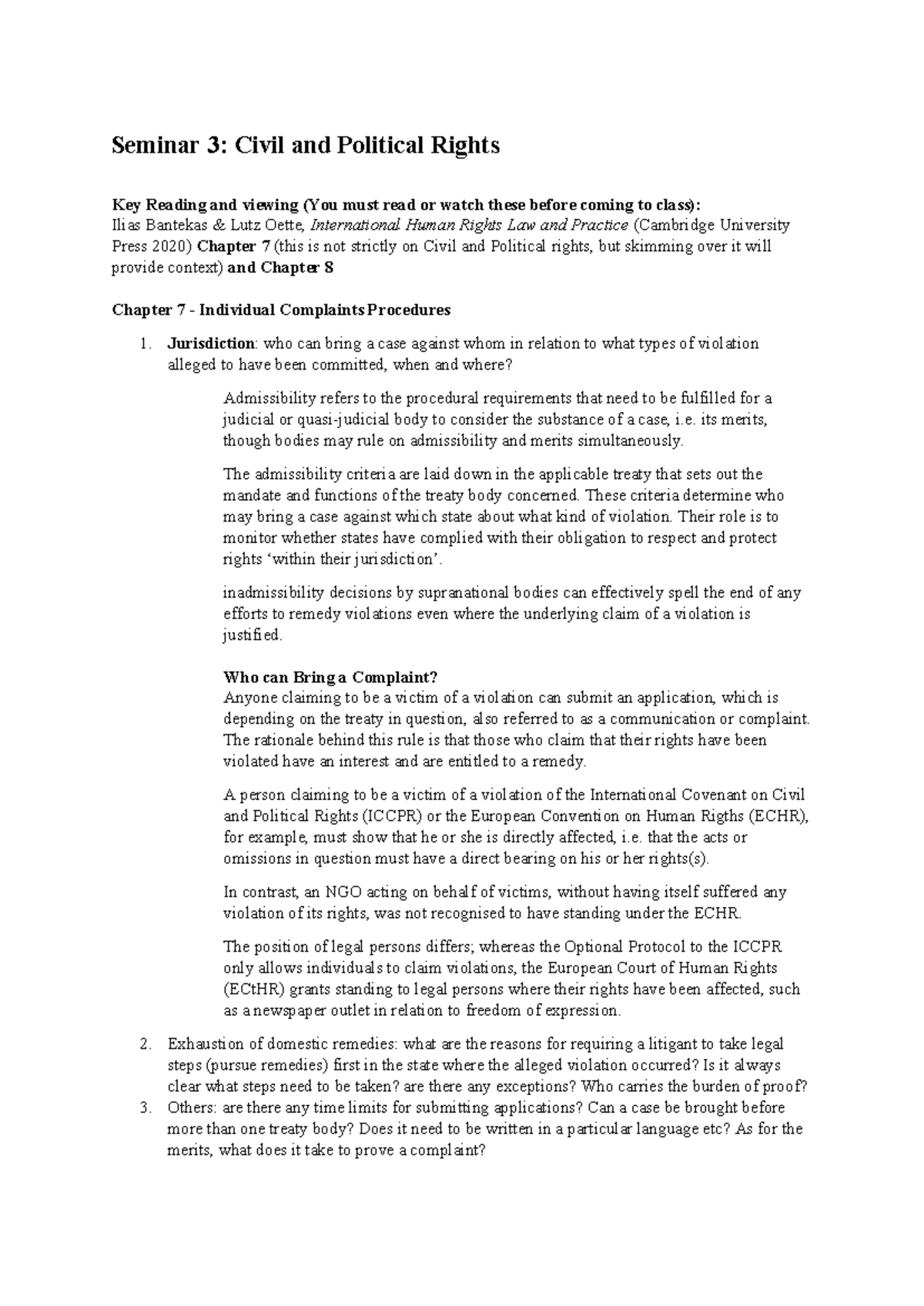 Seminar 3- Civil and Political Rights 2022-2023 - Seminar 3: Civil and ...