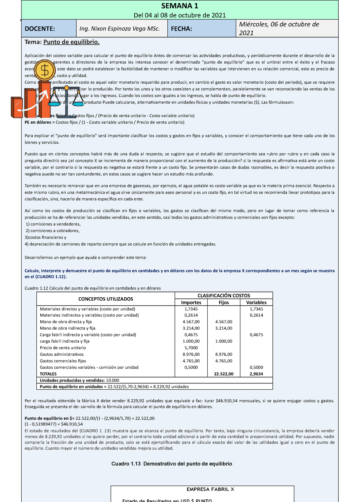 Semana 1 - Punto De Equilibrio - Contabilidad De Costos SEMANA 1 Del 04 ...