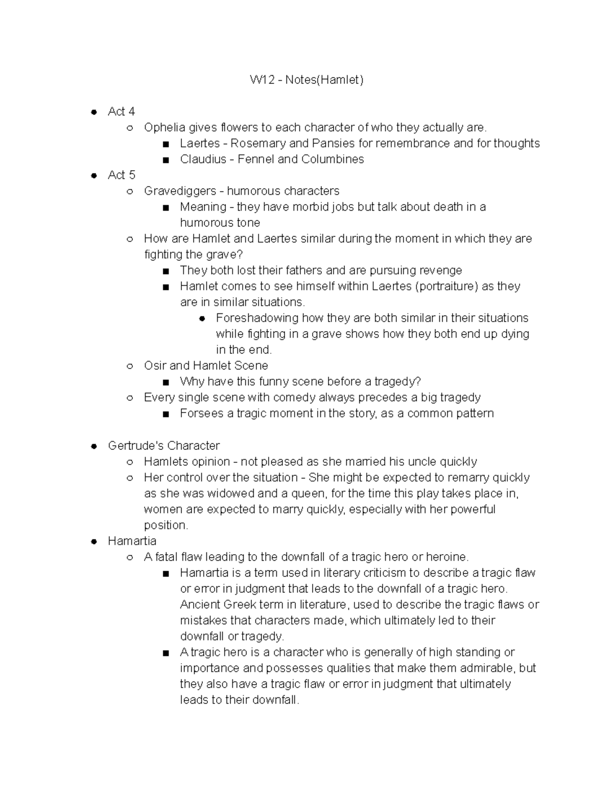 WEEK 12 Notes(Hamlet) W12 Notes(Hamlet) Act 4 Ophelia gives flowers to each character of