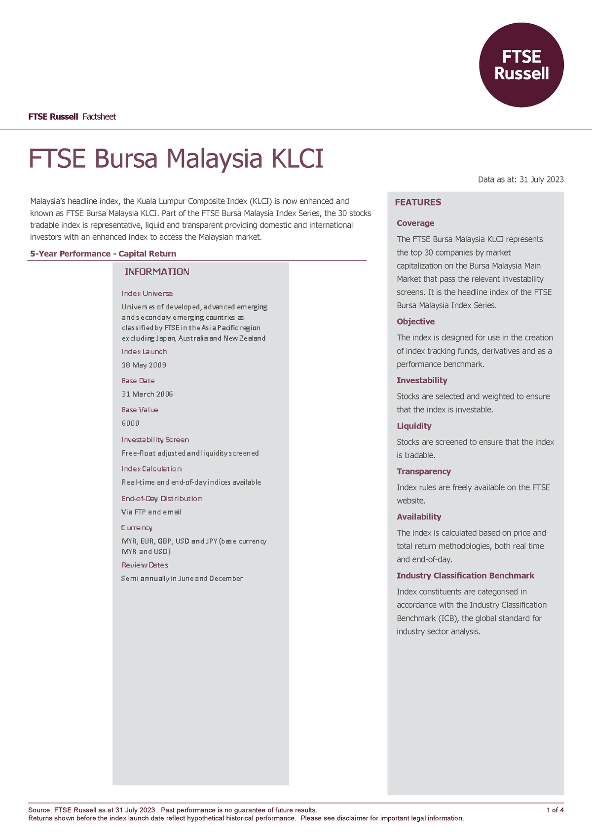 Fbmklci 20230731 - KLCI - Source: FTSE Russell As At 31 July 2023. Past ...