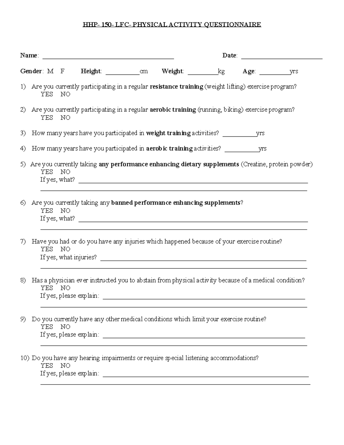 Physical Activity Questionnaire - HHP- 150- LFC- PHYSICAL ACTIVITY ...